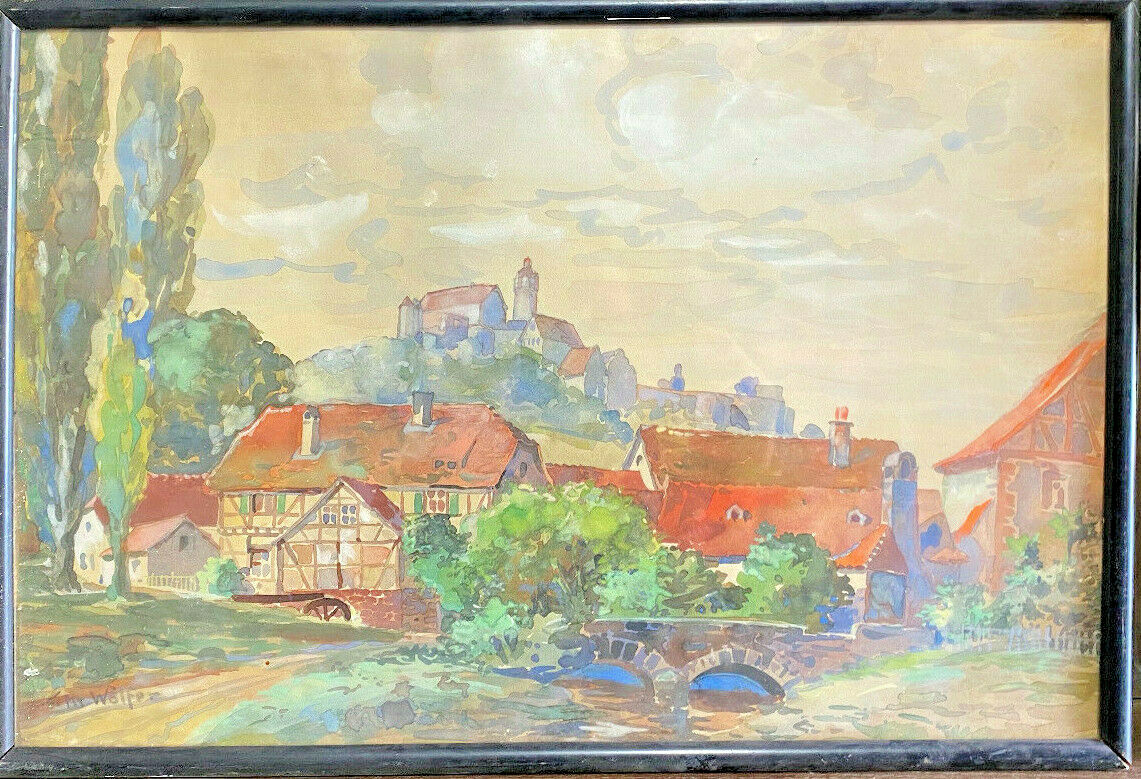Watercolor Sign. Chr. Wölfer Castle on Hill with Village Landscape and Bridges