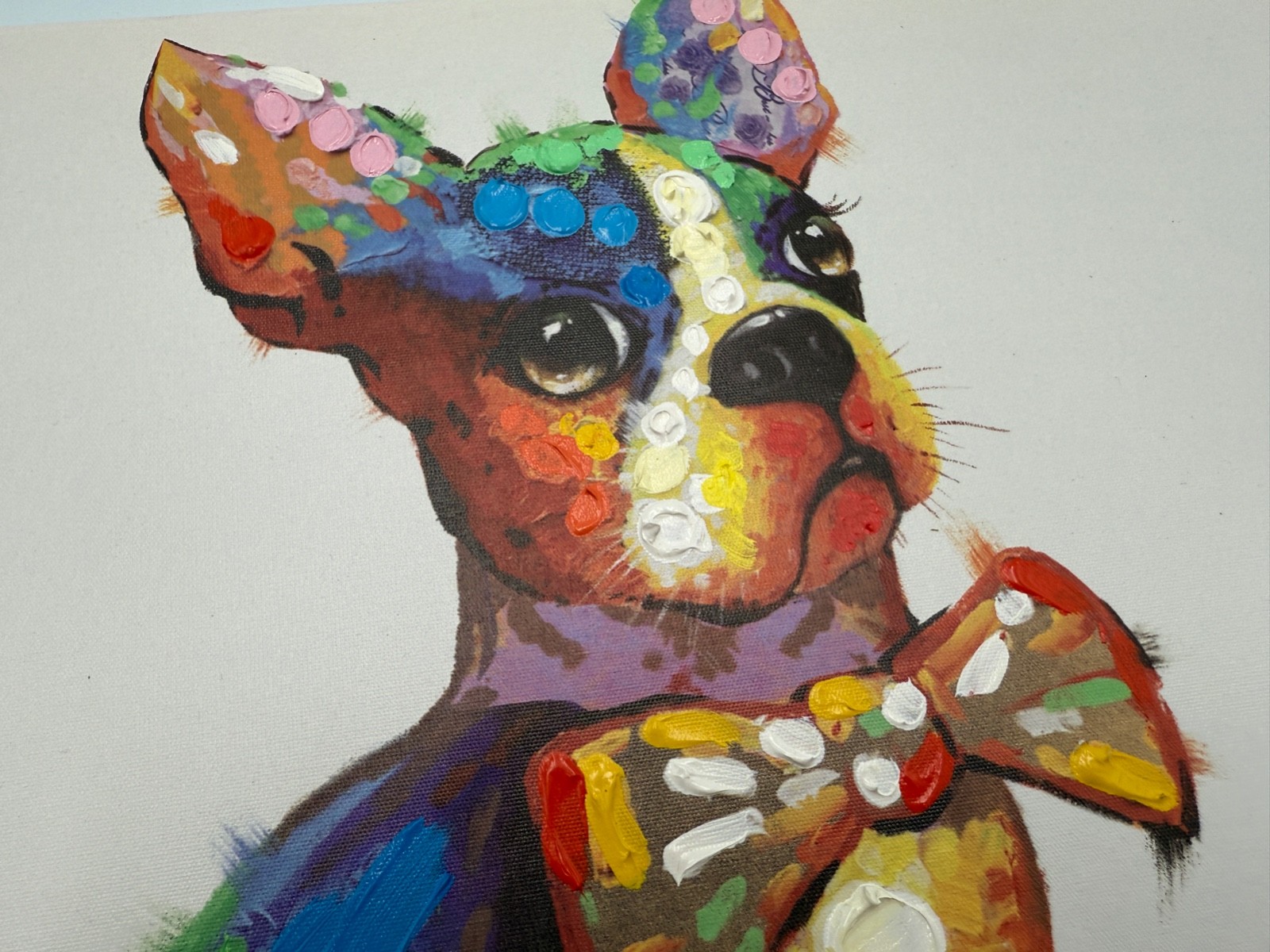 Frenchie Bulldog Colorful Oil? on Print Canvas Painting 16 1/4”x 16 1/4” Signed