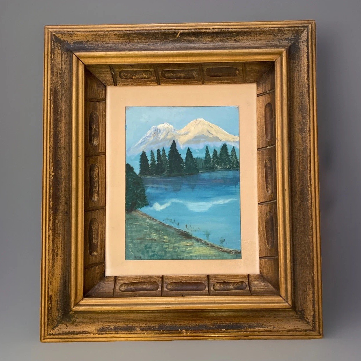 Vntg 1960s Landscape Original Oil Painting Mountain Lake Forest 24” X 20”