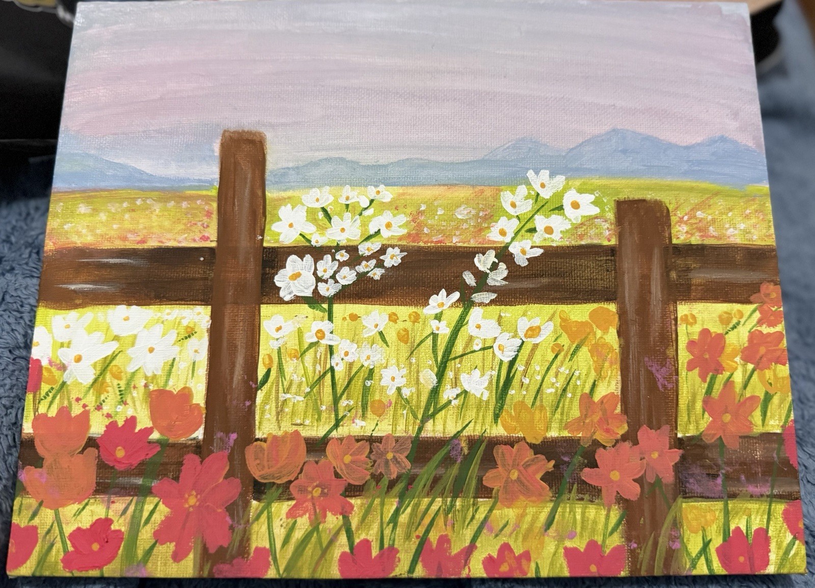 Hand-Painted Contemporary Landscape Painting on Canvas Board, Flower Field Fence