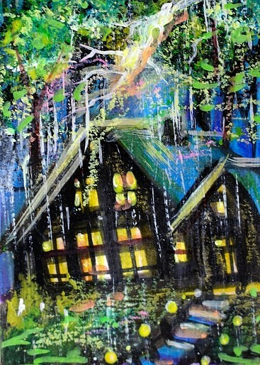 ACEO Original CABIN Spring Rain House Tree PAINTING Storm Nature Landscape ART