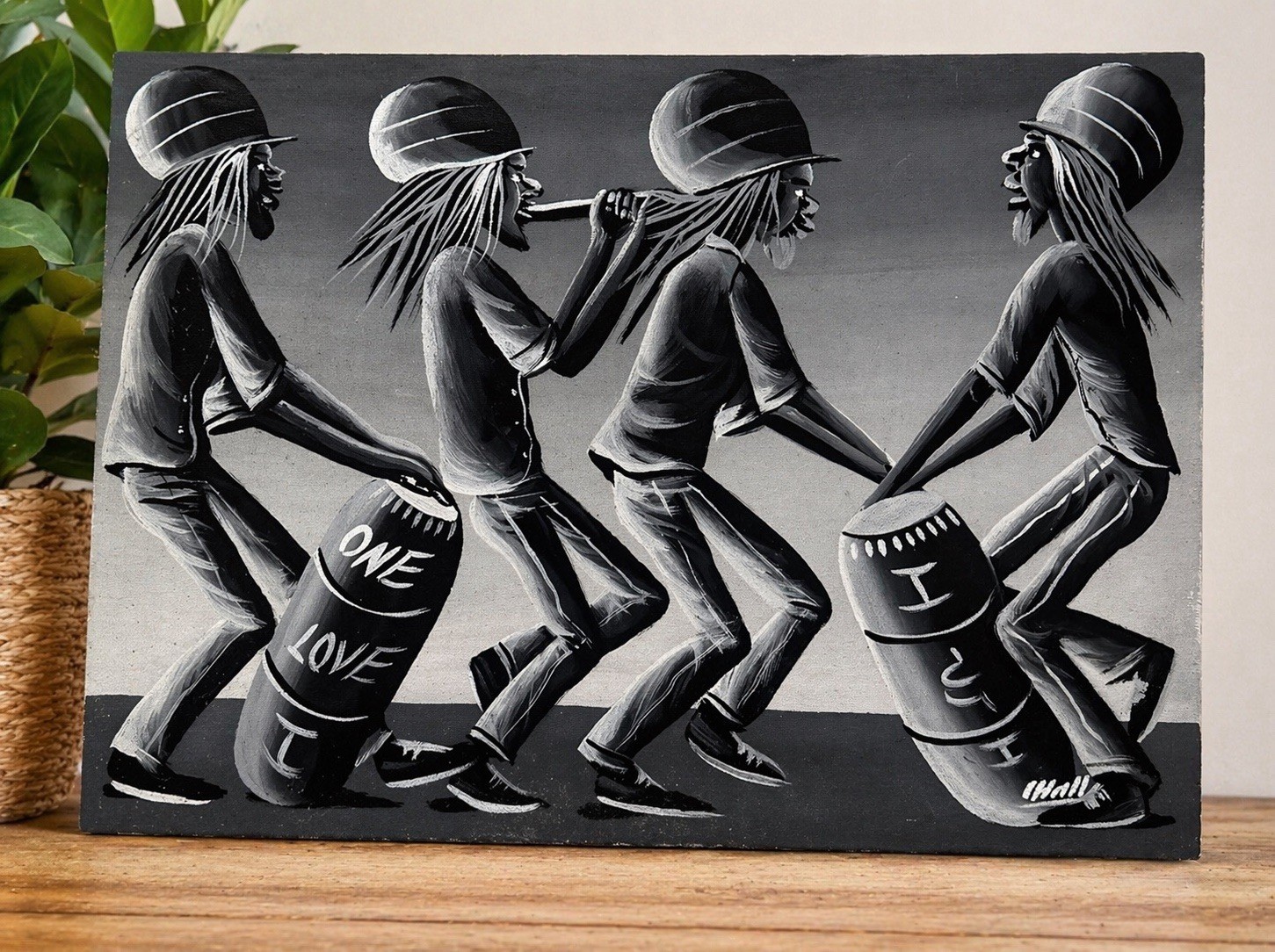Hand Painted Rastafarian Drum Art Canvas One Love I & I Black White 18” x 13”
