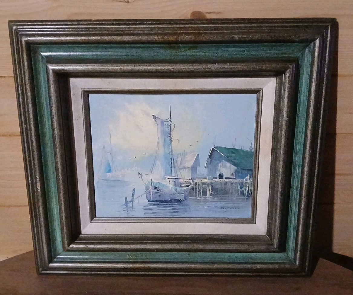 Vintage Original Oil Painting- Fishing Boat/Pier Shore Artist Signed ‘K. PUNLA’