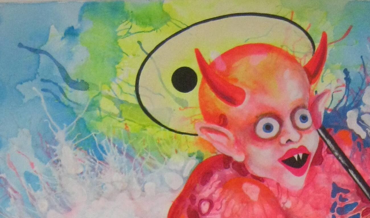 psychedelic pop painting original art manga cartoon humor angel devil mushroom