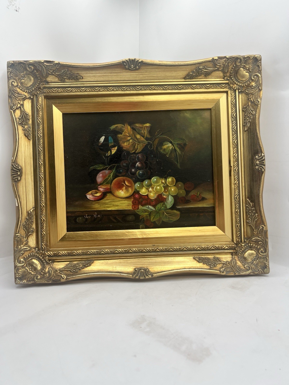Vintage Signed Van Hunt Still Life Oil Painting Fruit Grapes Wine Glass Framed