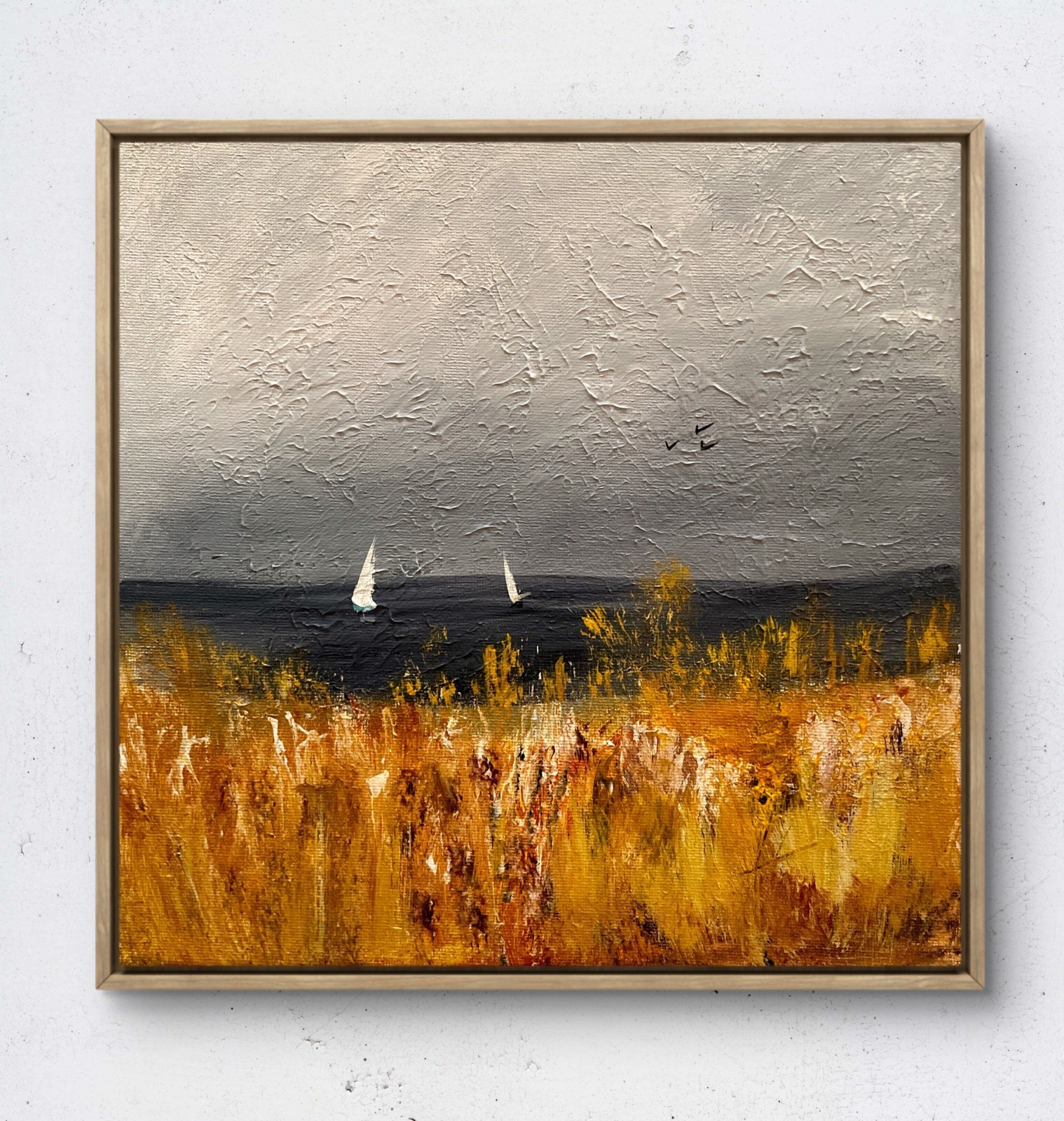 Original Textured Coastal Art Sailboats Dark Sky Golden Grass Small 10×10
