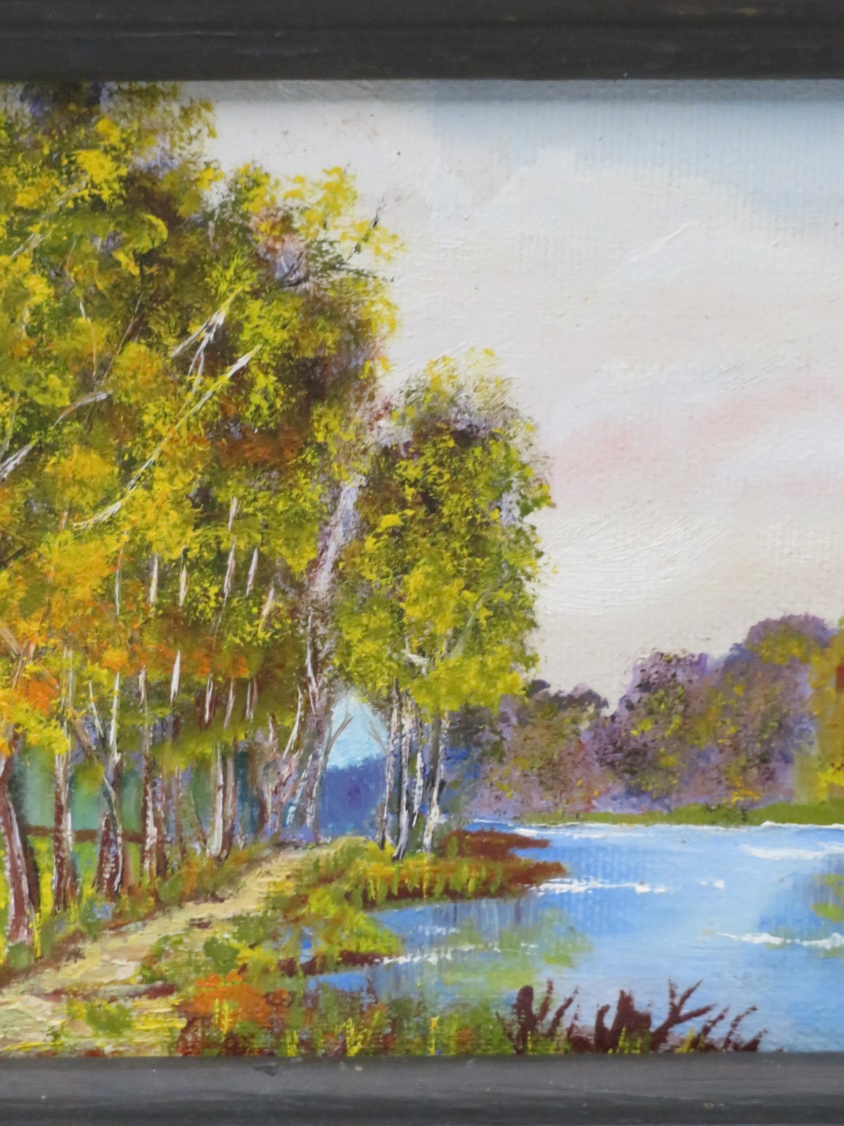 Original Acrylic Art Painting Signed Wood Frame Water Trees Autumn 7.5″ X 9.5″