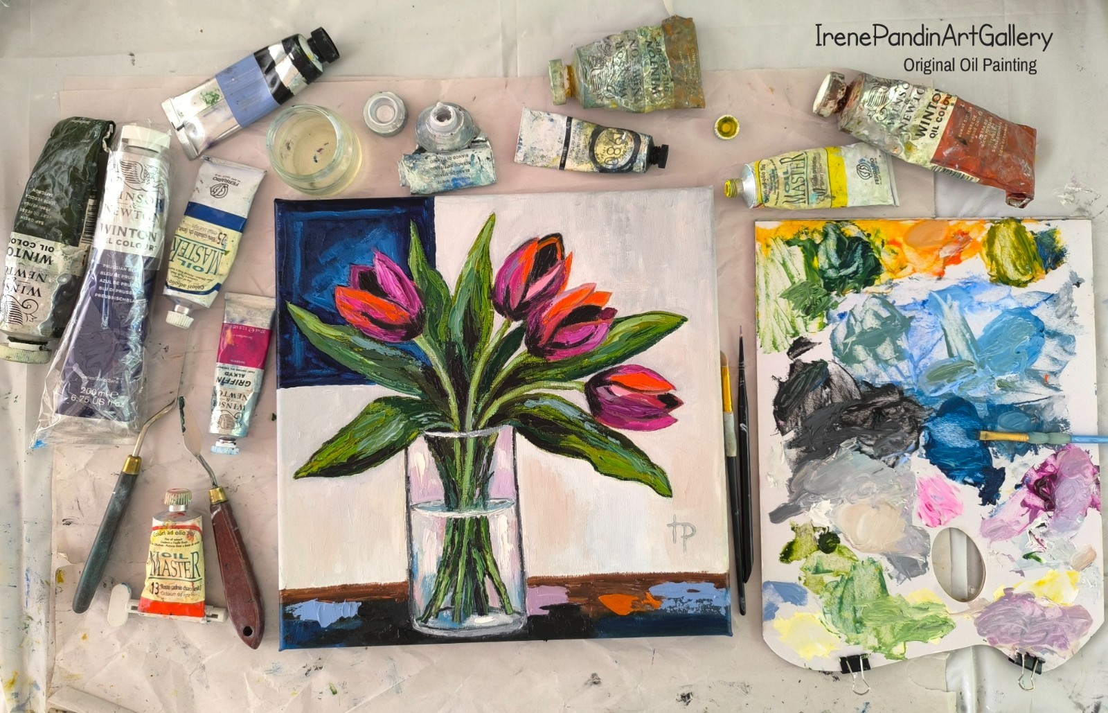 Colorful Tulip Oil Painting Modern Floral Wall Art Flowers Bouquet 11.8×11.8″