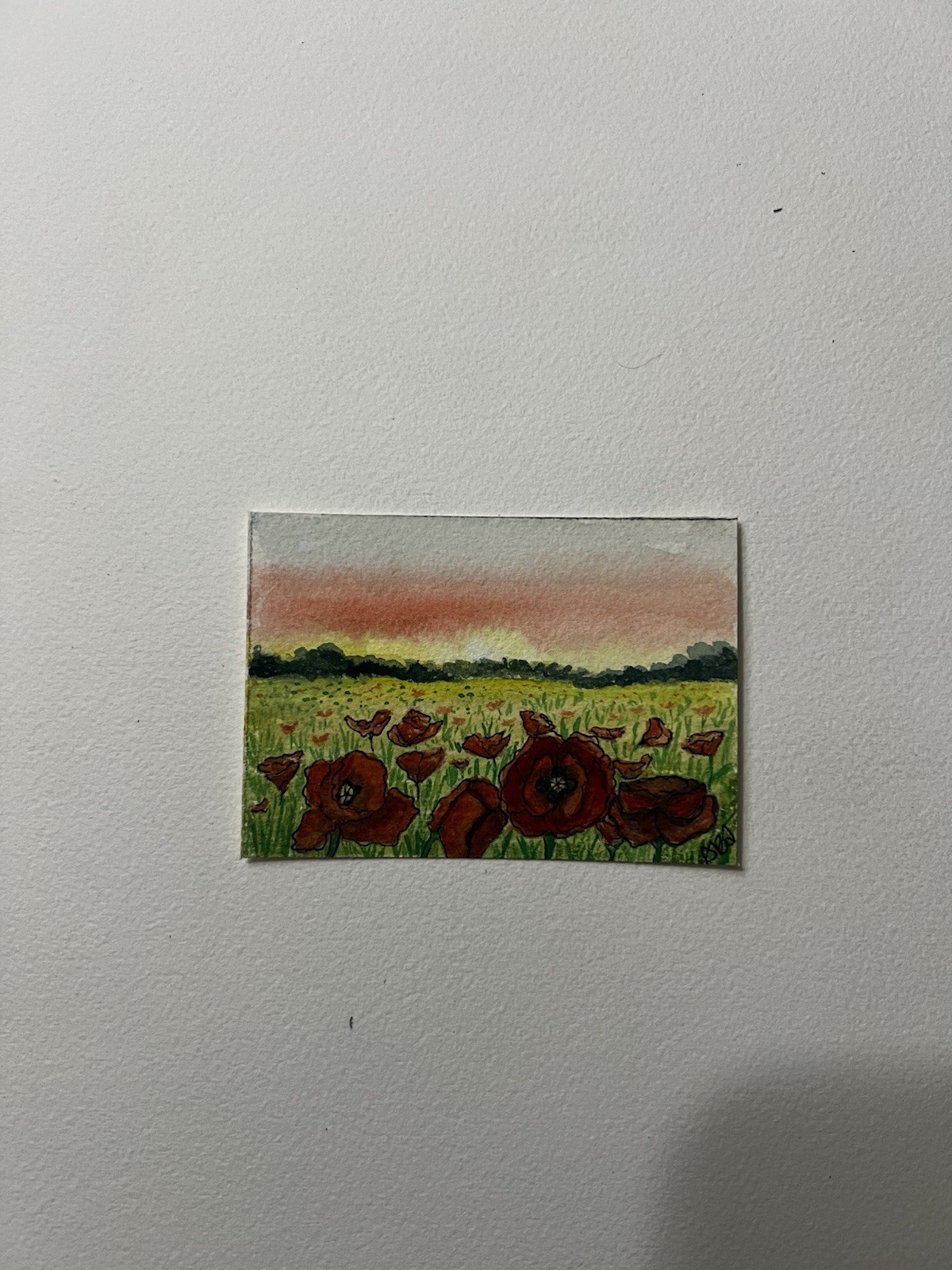 Original ACEO Watercolor Red Poppy Field Landscape OOAK Artist Trading Card