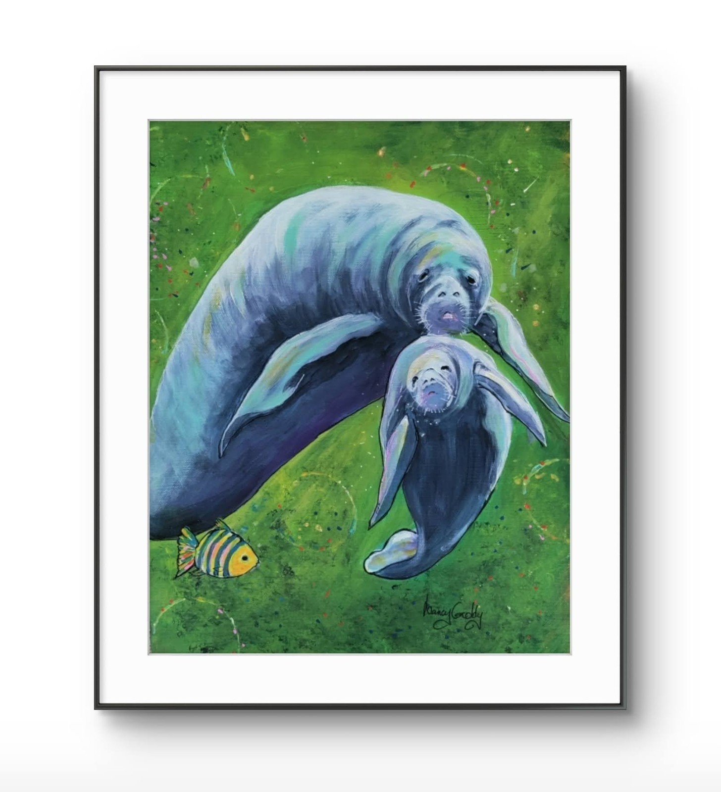 Original 9″x12″ Colorful Manatees Expressive Gallery PAPER Art