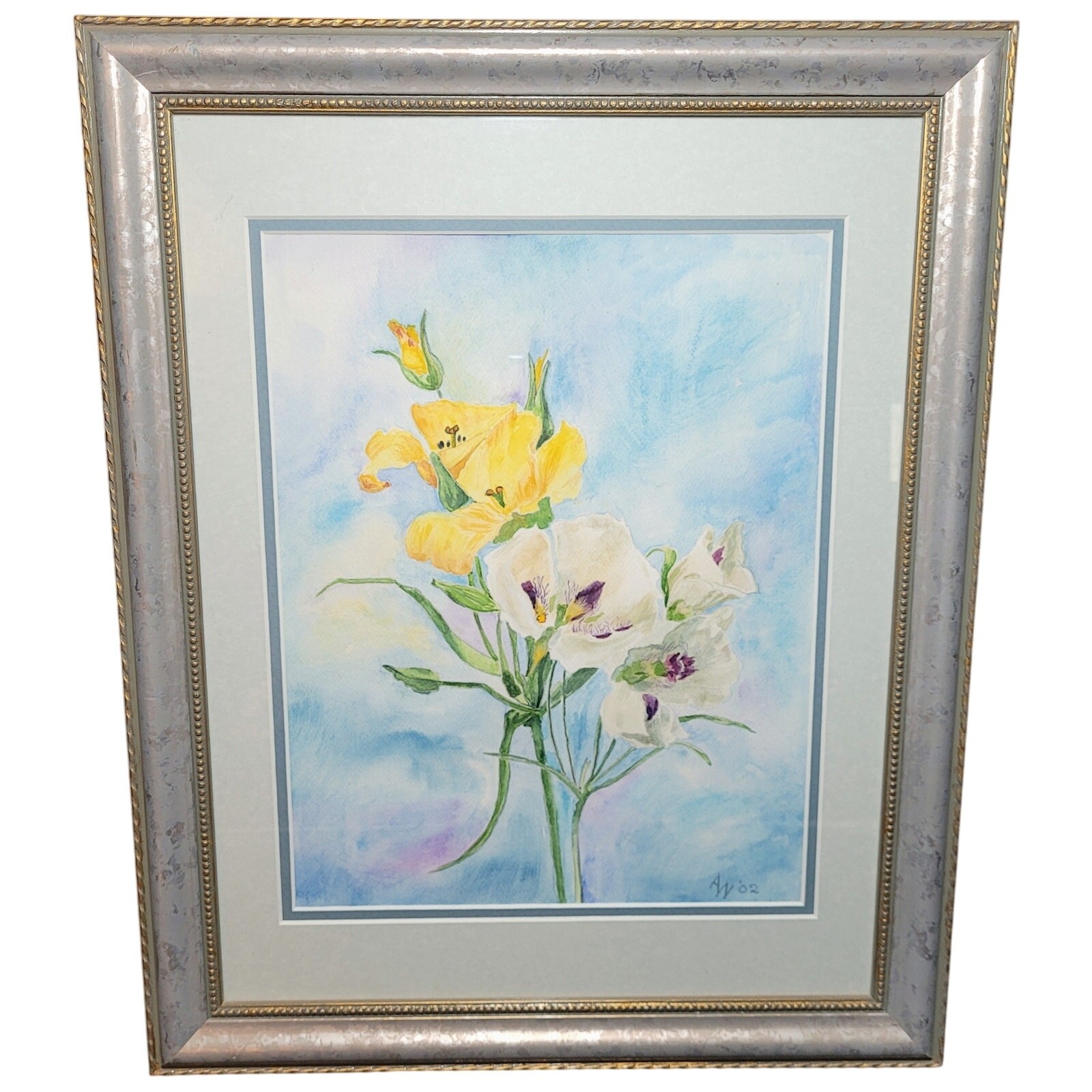 Yellow & White Flowers Floral Watercolor Painting Framed Matted Signed Christmas