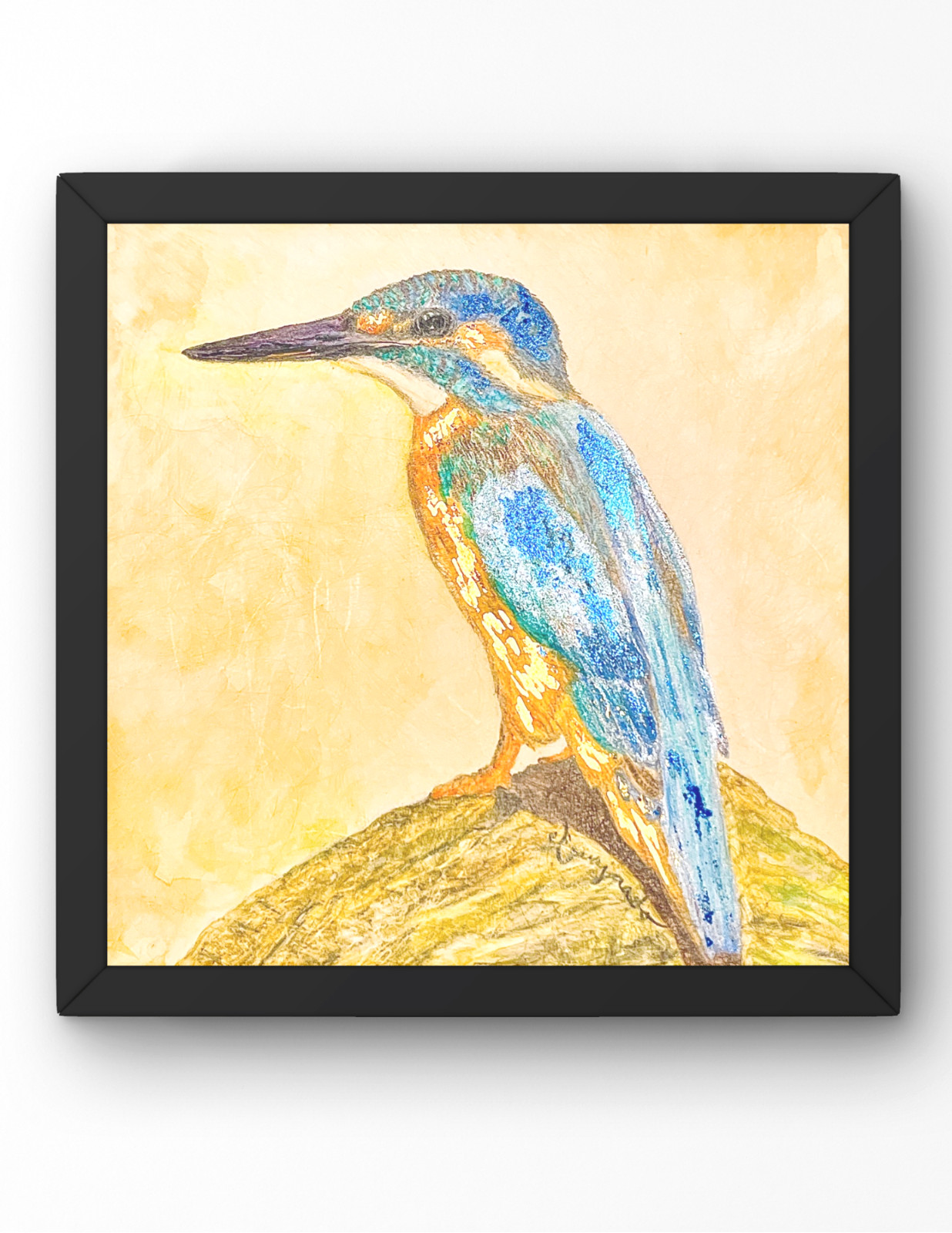 Guajardo Art: Kingfisher Bird 6X6 Original 24KT Gold & Blue Metallic Wood Panel