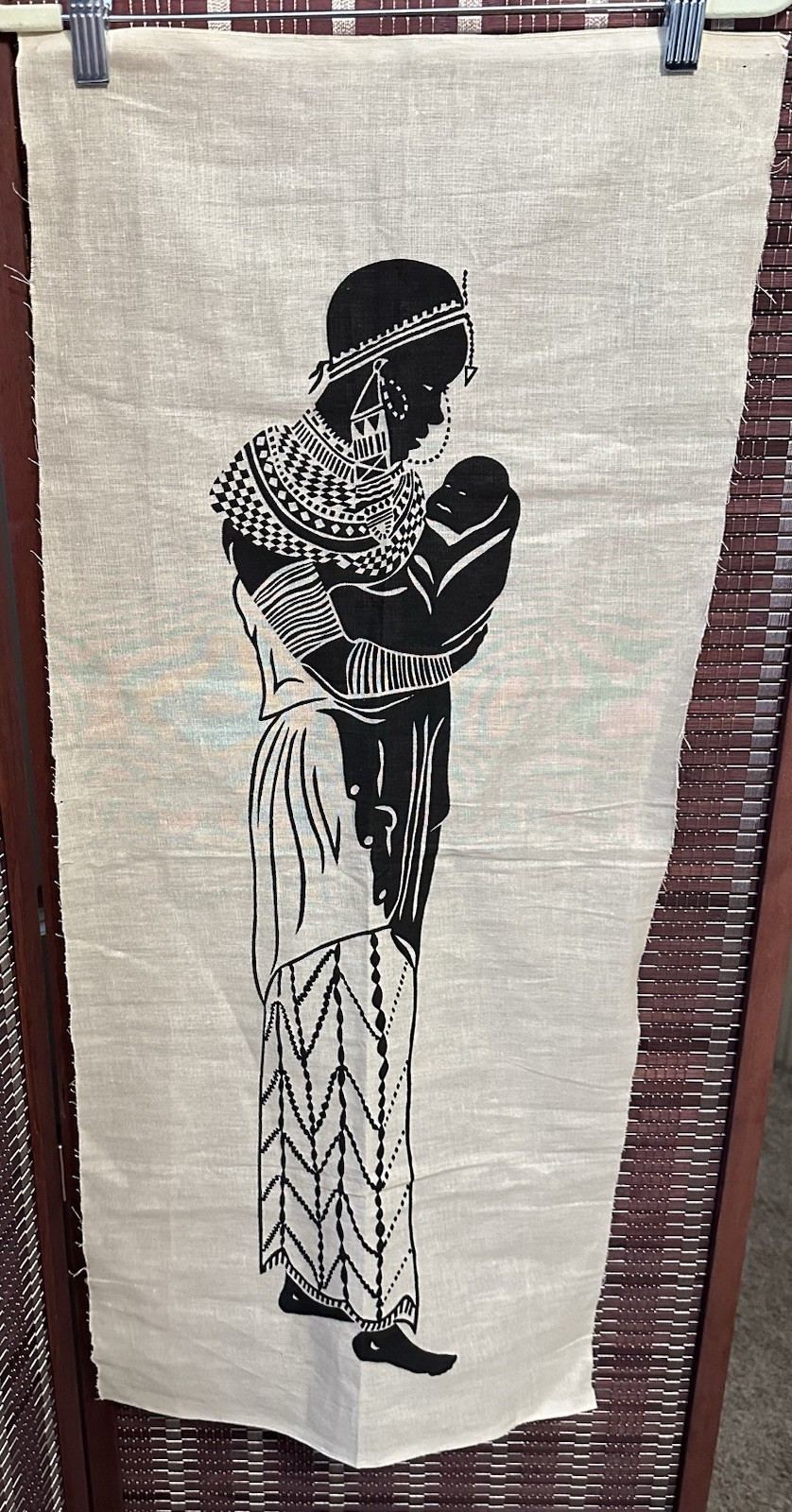 African Mother w/ Child BATIK Art Screenprint Fabric Panel
