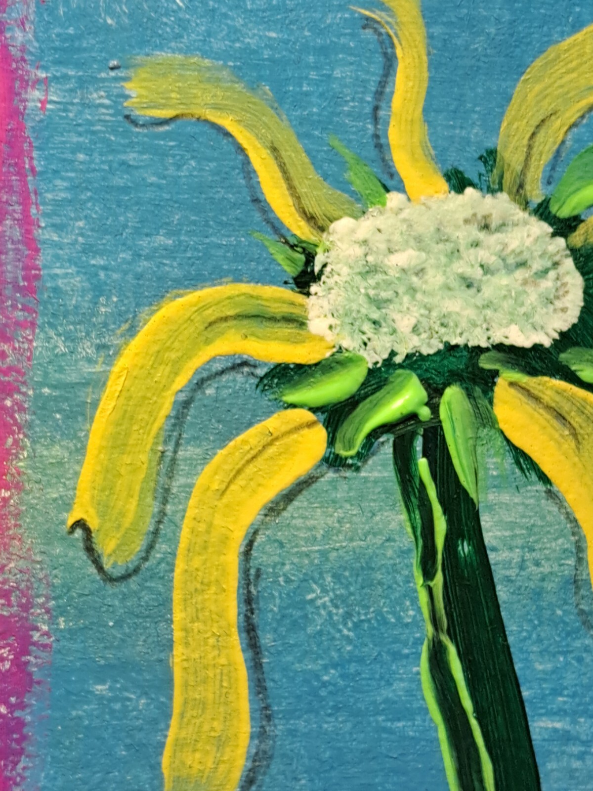 Blue yellow acrylic ink «Yellow Flower» Artcard Limited 1/1 Signed by artist