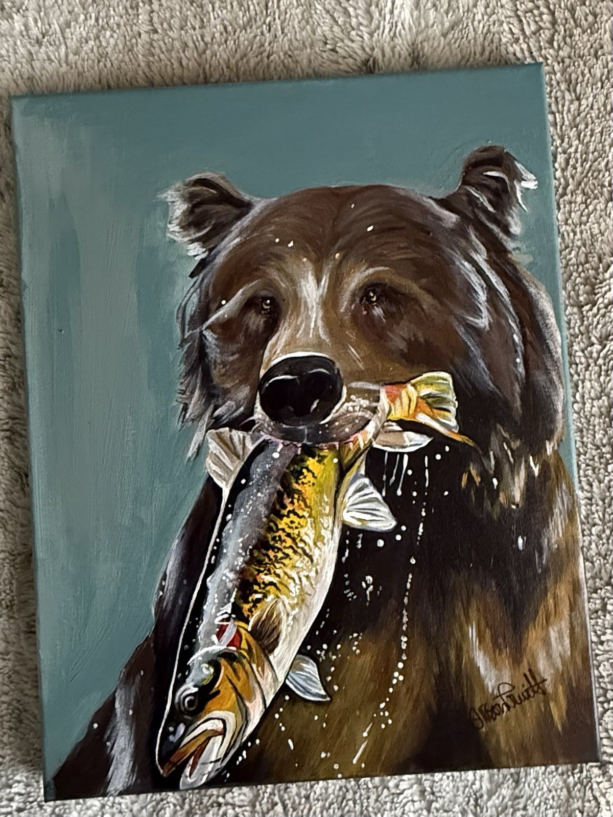 “The Catch” Bear Holding Fish Canvas Painting Contemporary Unframed