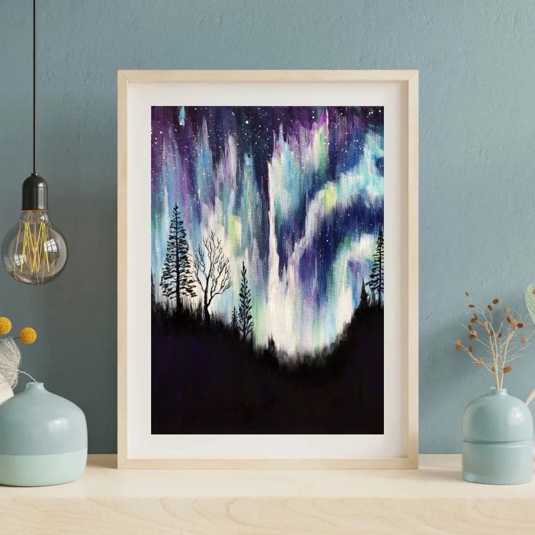 Northern Lights Painting Aurora Borealis Original Landscape Night Sky Minnesota