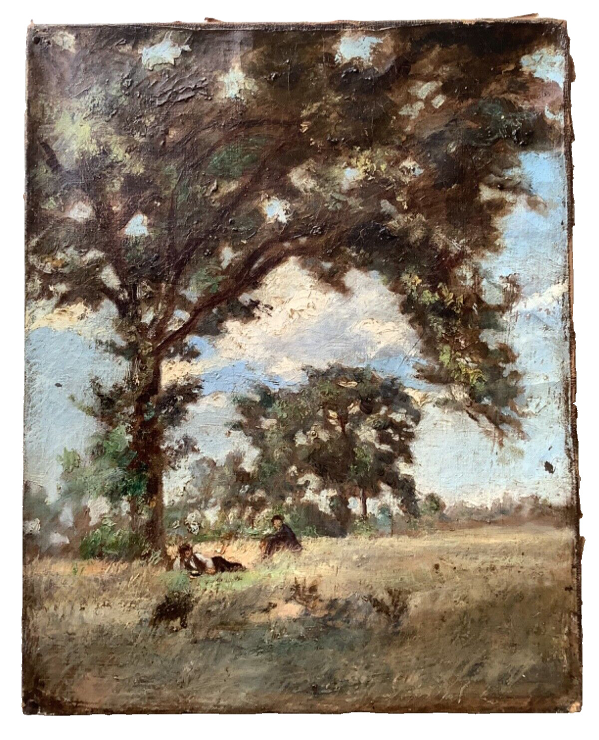 19th Century Barbizon School Landscape Men sitting Foot Tree Oil DUPRE