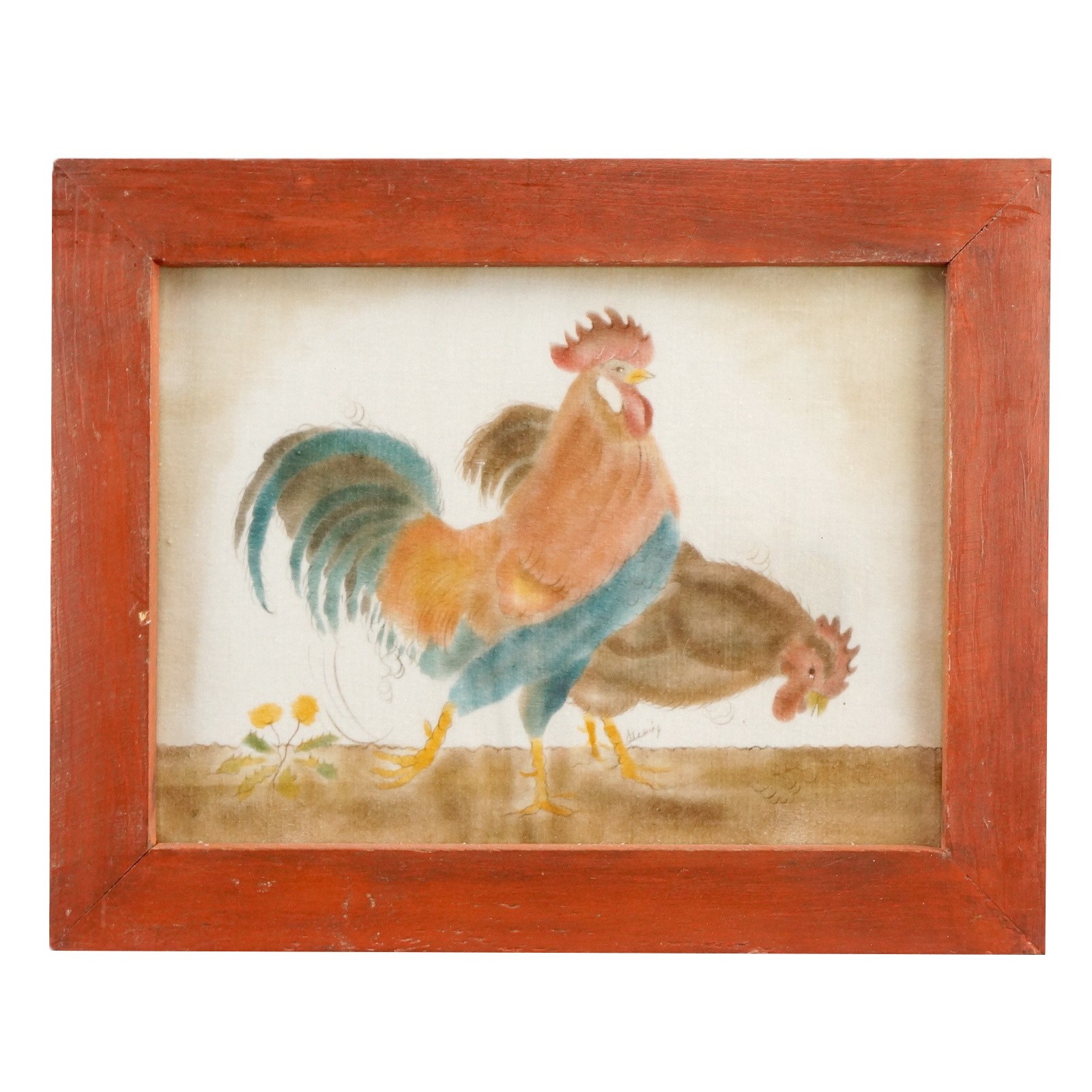 Original Vintage/Antique Signed Theorem On Velvet Painting Folkart Roosters
