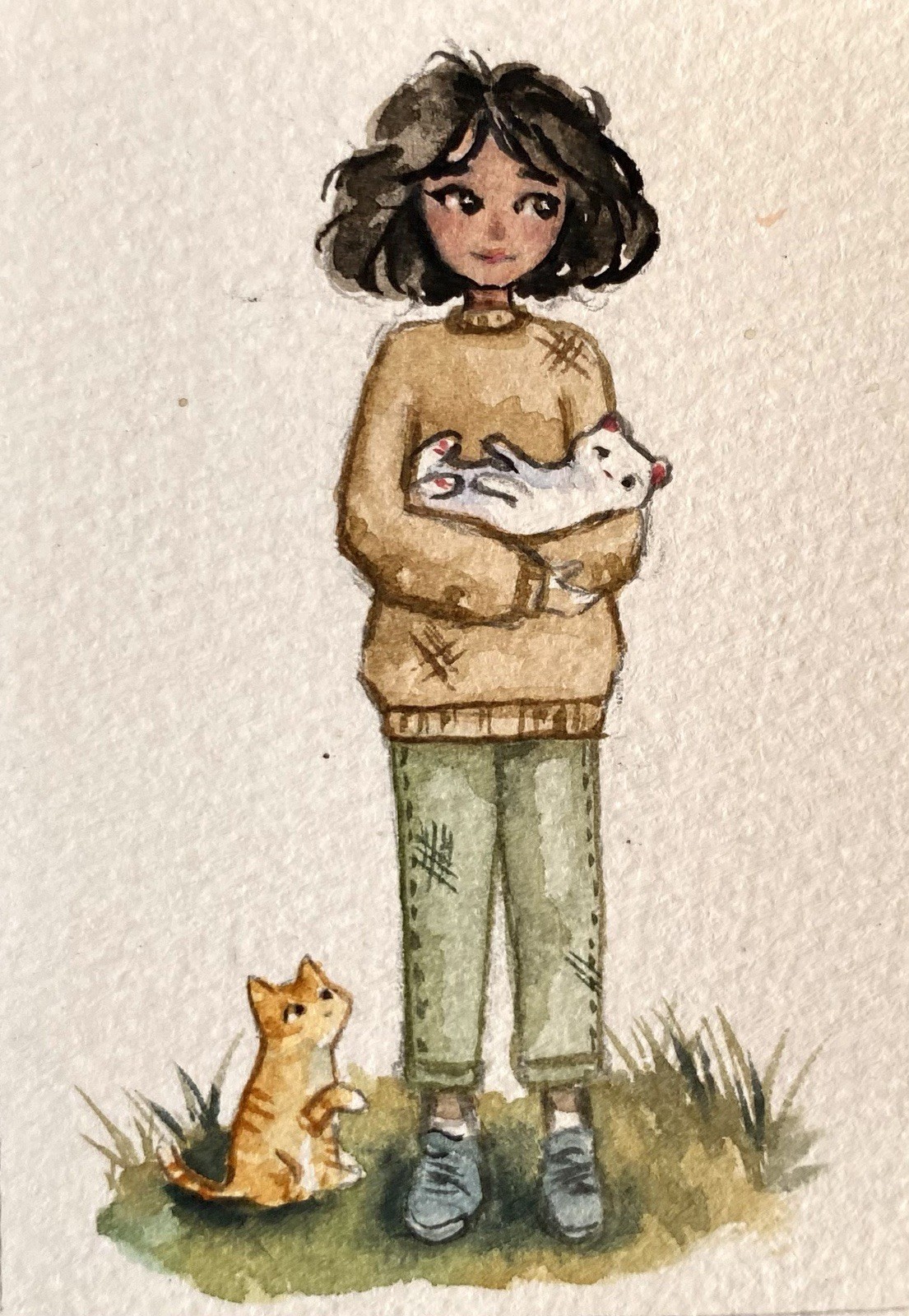 ACEO 100% Hand Painted Original Mixed Media Painting Art Girl And Cat