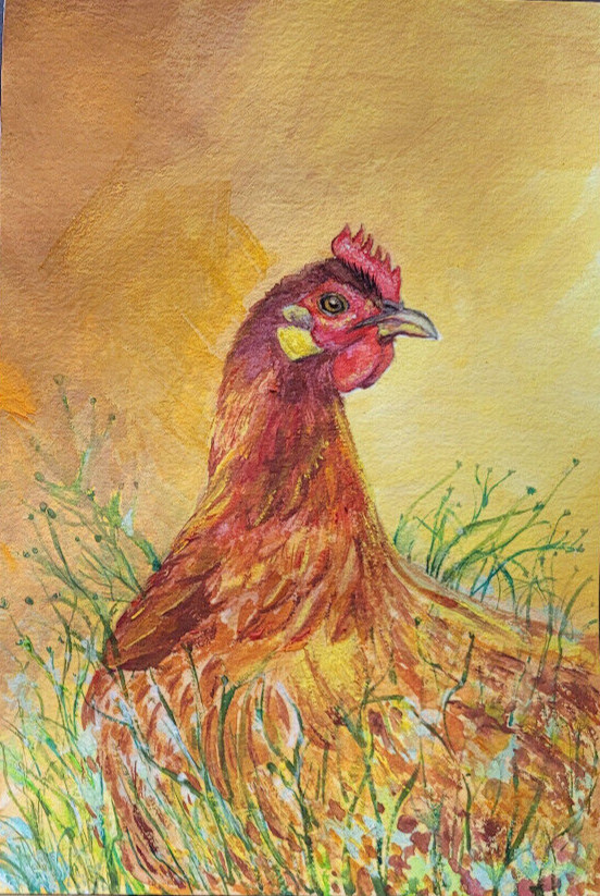Rooster Hen Painting, Original Gouache Glitter Paper 7.7 x 5.3 inches