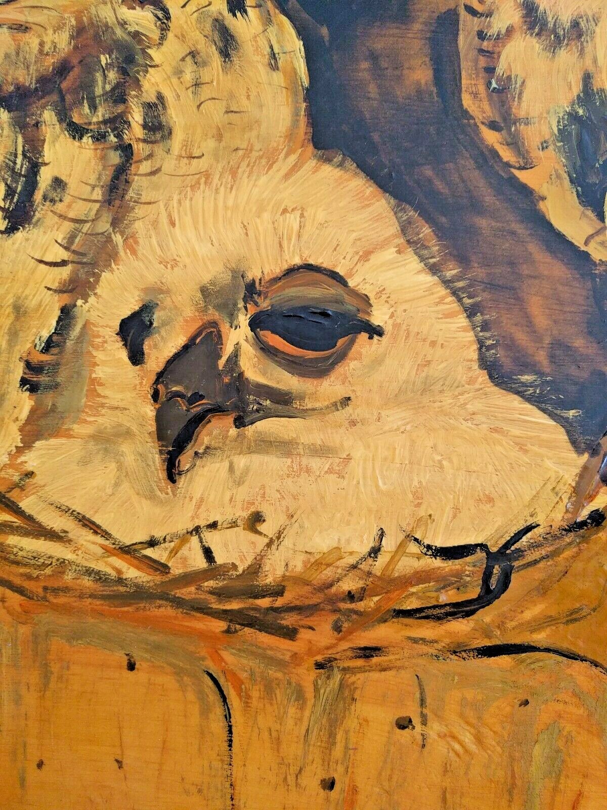Large original Wooden Wall Painting or Tabletop: Owl Family rustic primitive