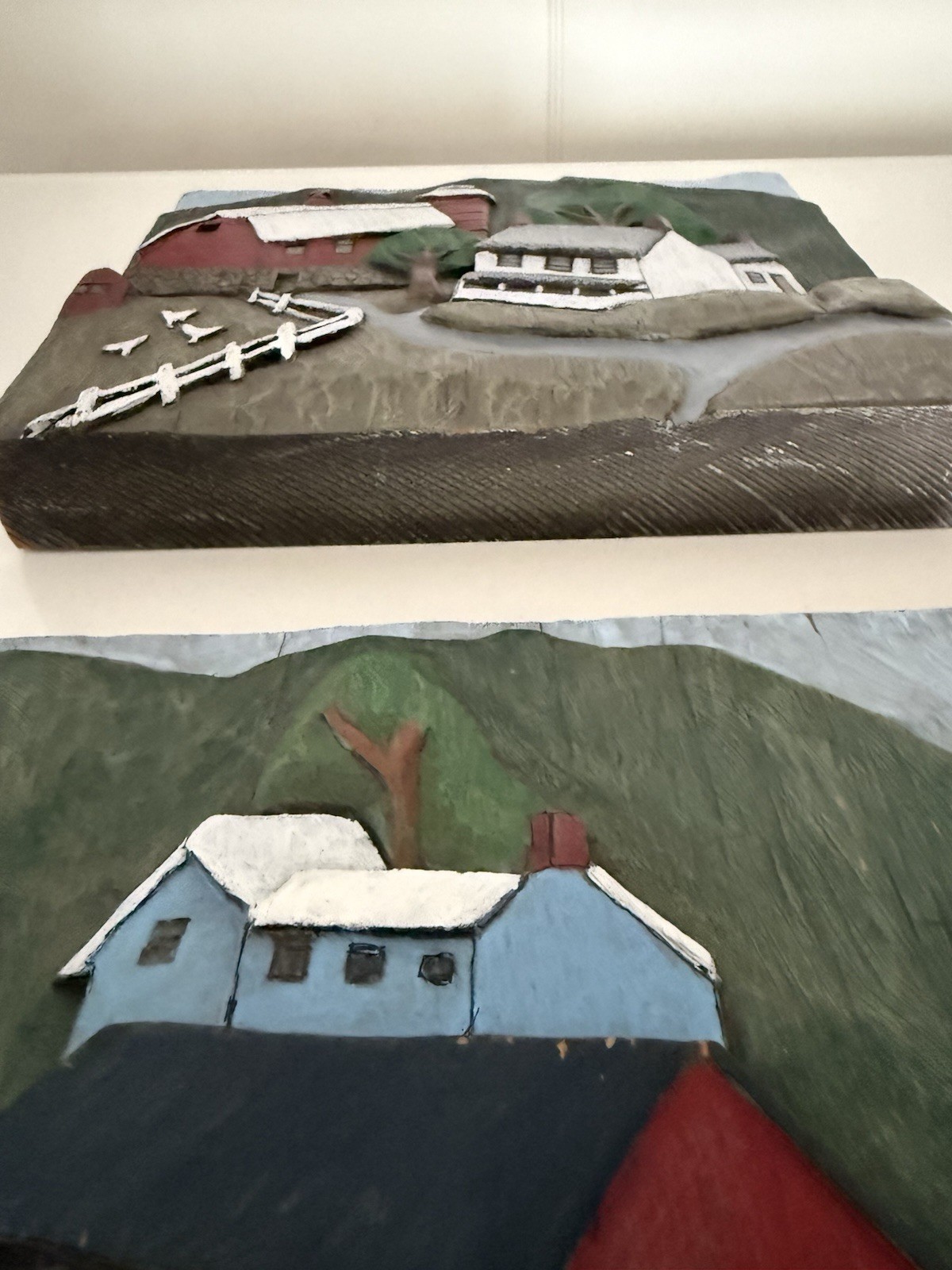 2 VTG 3D Folk Art Hand Carved Wood Plaque Painted Barn Farm Covered Bridge