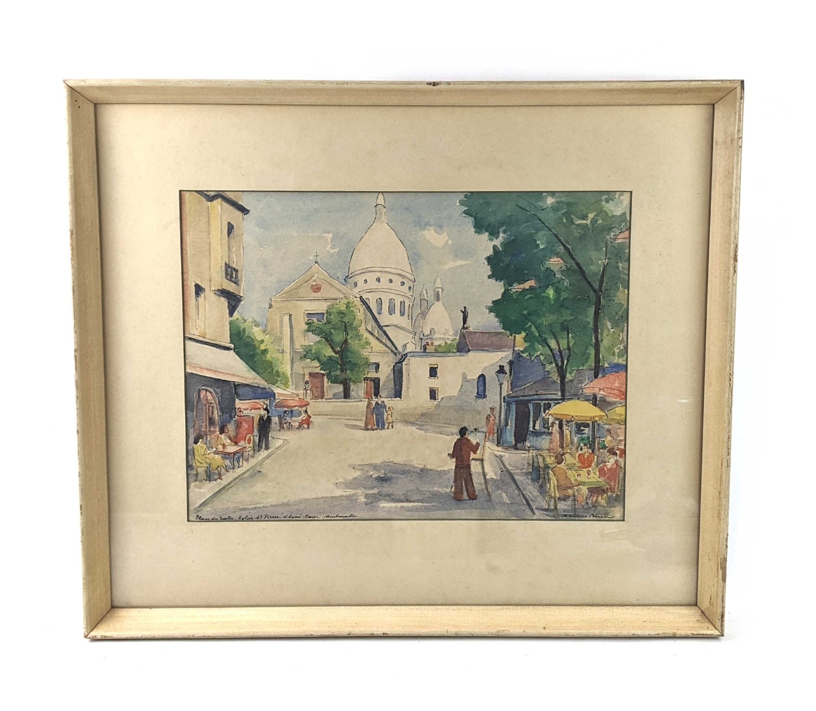 VTG Mid C Paris Cityscape Watercolor Painting Montmartre Place du Tertre Signed