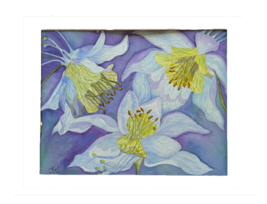 PAINTING WATERCOLOR ART COLUMBINE FLOWERS BLUE PURPLE 11X14 & DOUBLE MAT 16X20