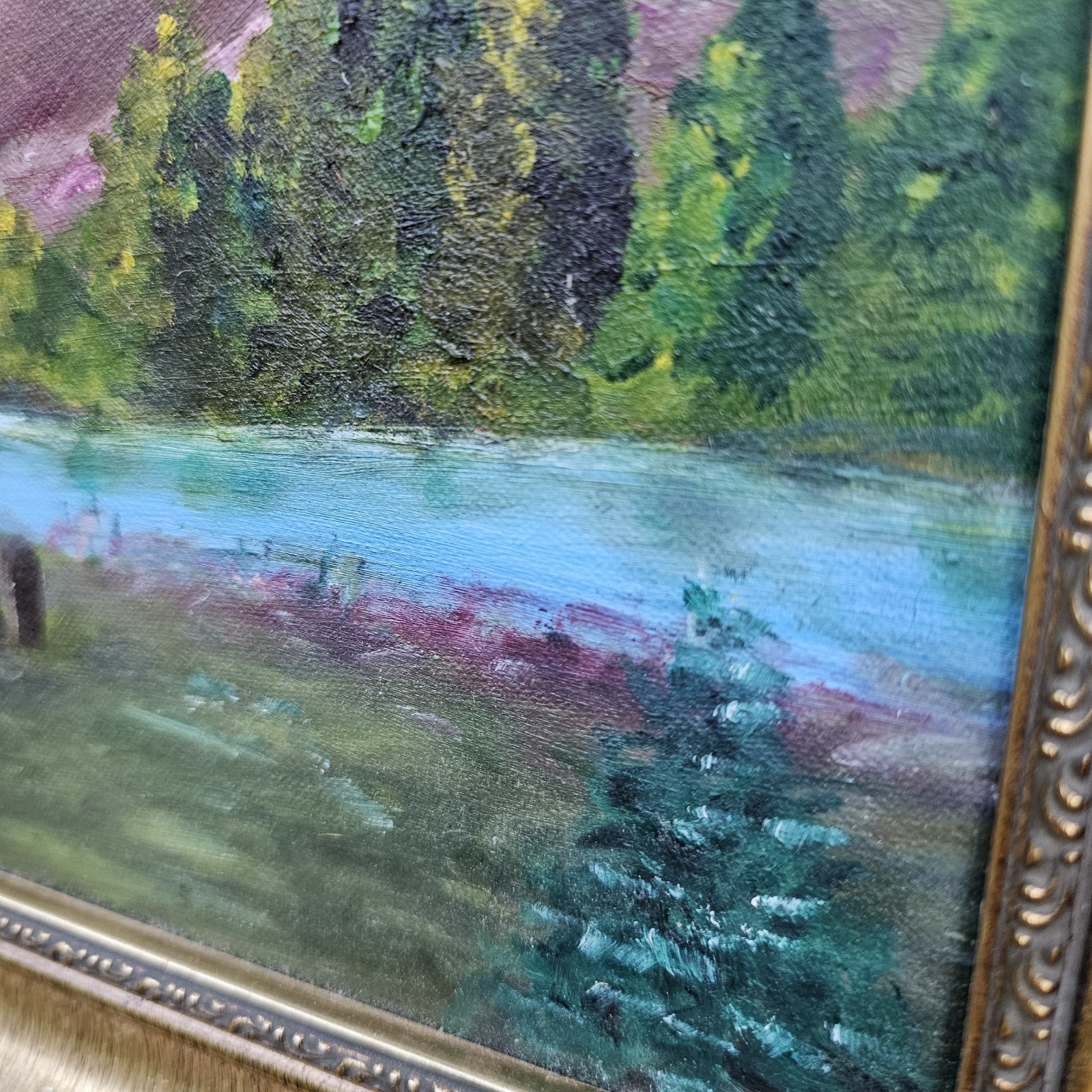 Framed Mountain Lake Oil Painting Impressionist Landscape Cabin Artwork