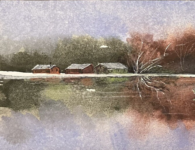 3.75×10.75” Original Watercolor Pamela Wilhelm Long Narrow Fishing Boat River