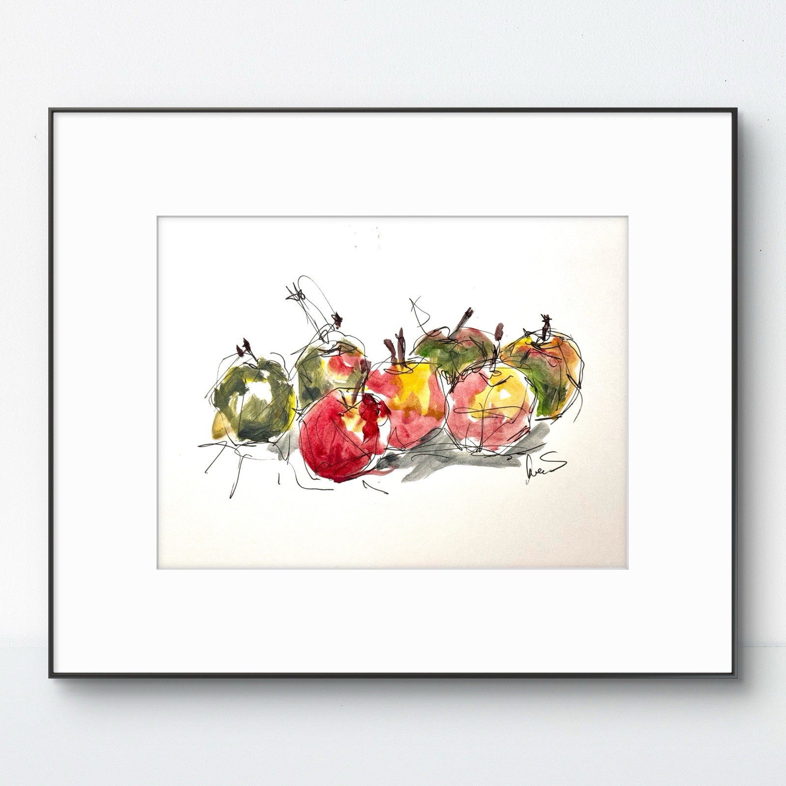 Original Abstract Expressionism 9X12 Apples Ink Colorful Handmade Signed 15