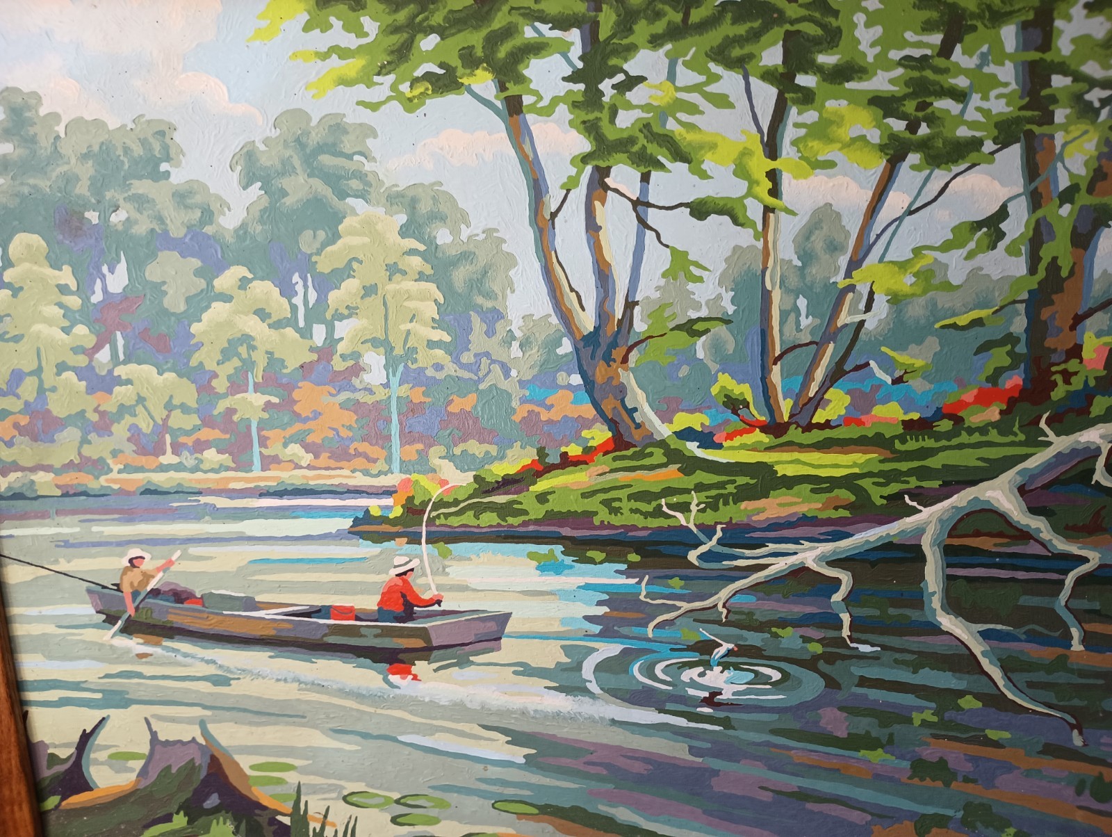 RARE VTG Framed Paint by Numbers «The Old Fishing Hole» Landscape Oil Painting