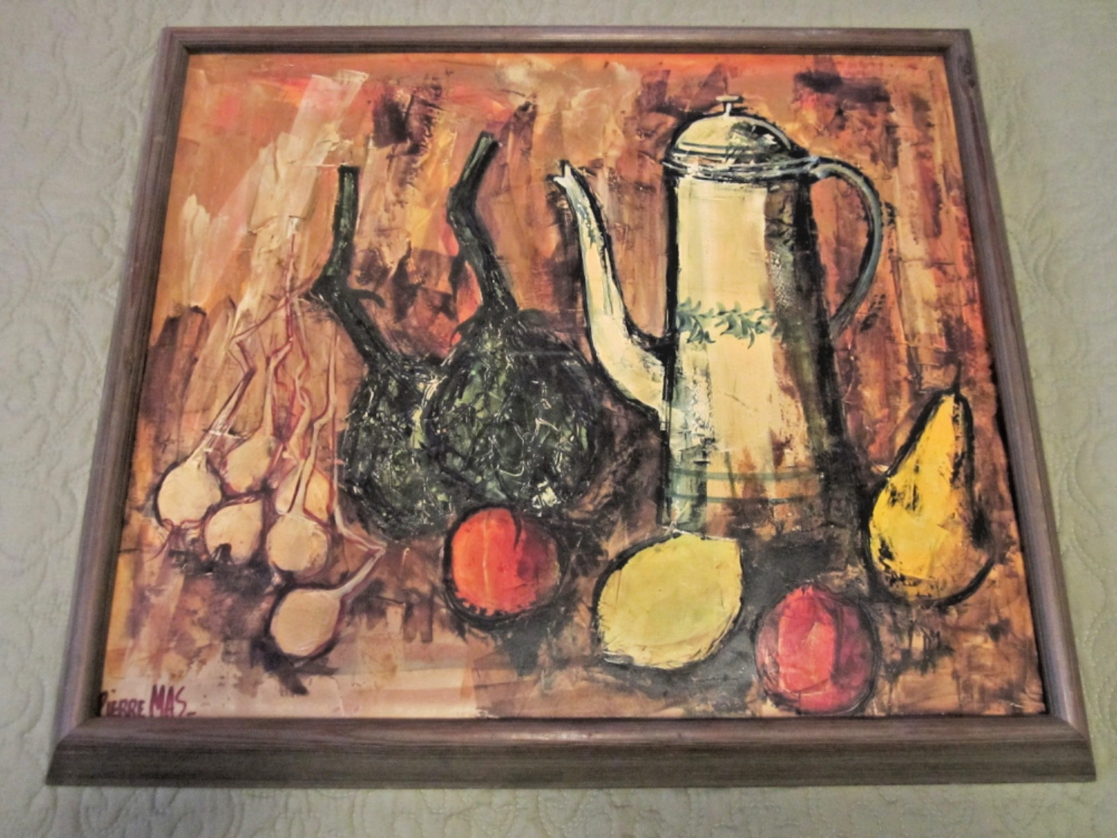 Vtg 1960 Mid Century French Artist Pierre Mas Oil Painting Framed Still Life MCM