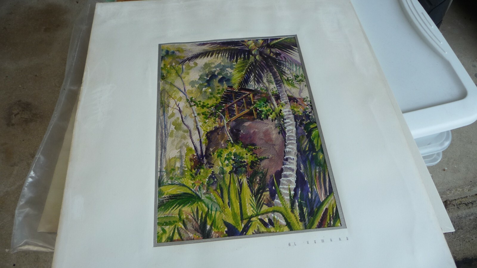 #522C vtg WATER COLOR 1944 AL HOWARD HUT in TREES INNER 11 1/4 x 7 3/4