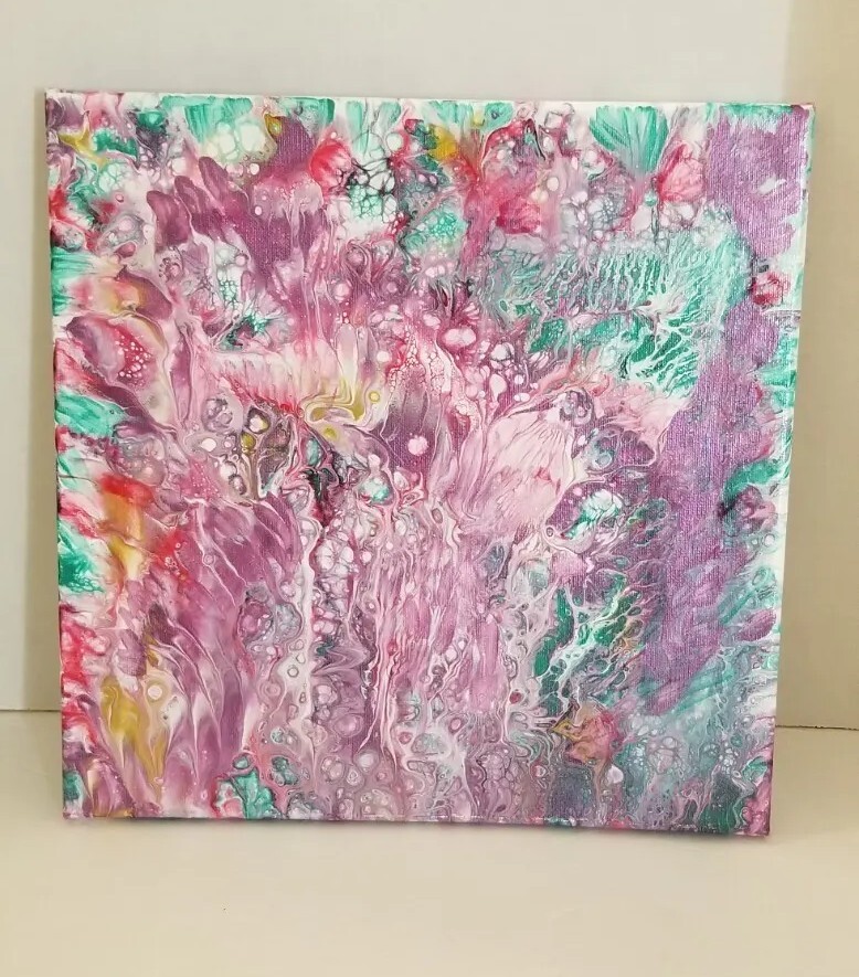 Floral Acrylic Dip Pour Wall Art Painting on a 12 in by 12 in x 0.5in Canvas