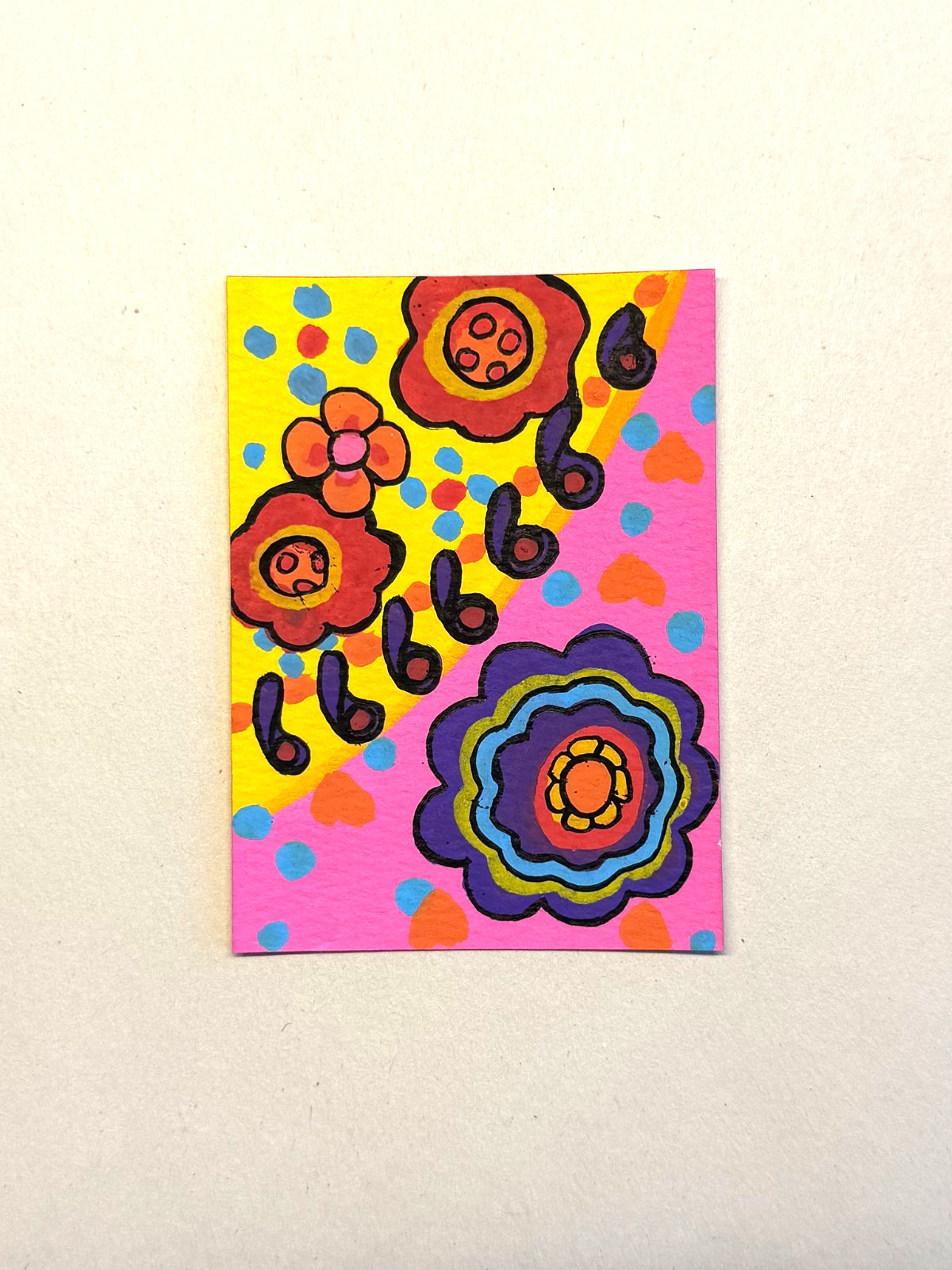 Original ACEO Folk Art Floral Pattern Painting Colorful OOAK Signed