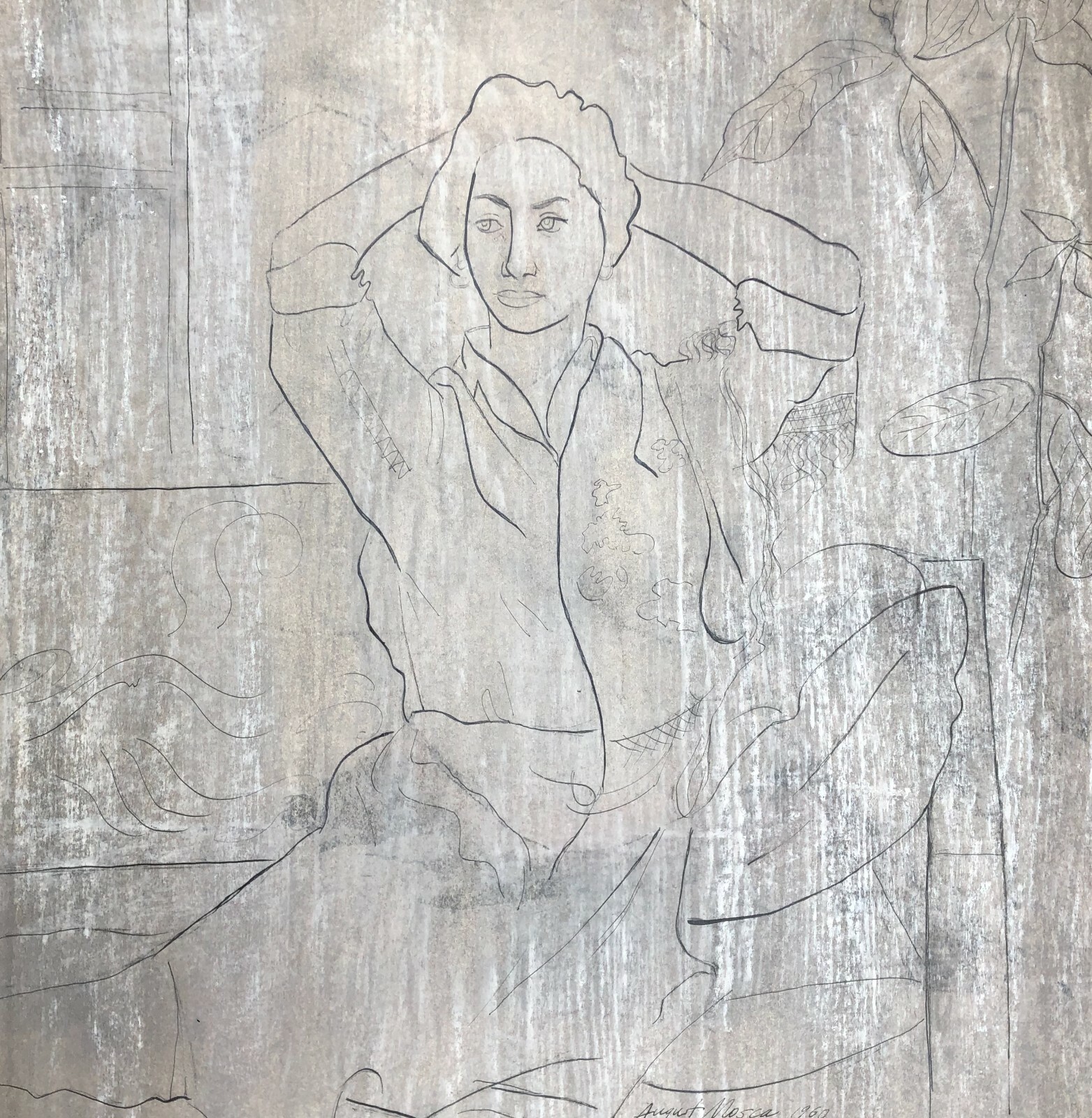 Woman in Shirt Dress & Plant-Oil Crayon&Pencil Drawing-Matisse-like1960-A. Mosca