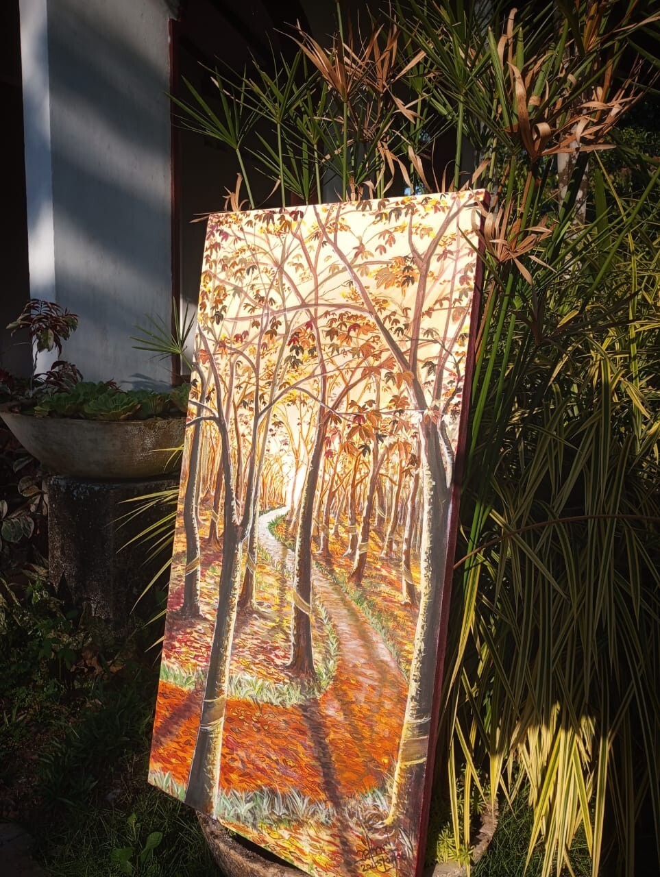 Original Hand-Painted Rubber Trees with Fallen Leaves | Brown & Yellow Forest