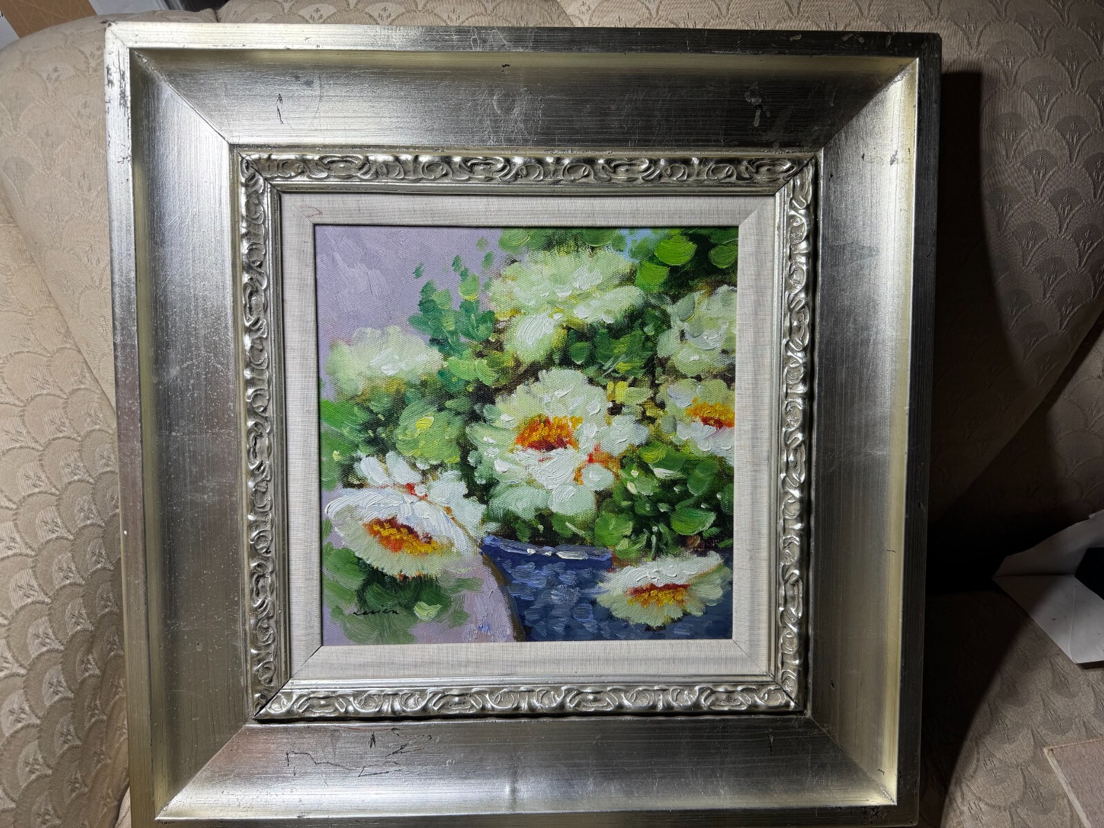 «Flowers In Blue Basket Scene» Oil On Canvas Painting – Signed And Framed