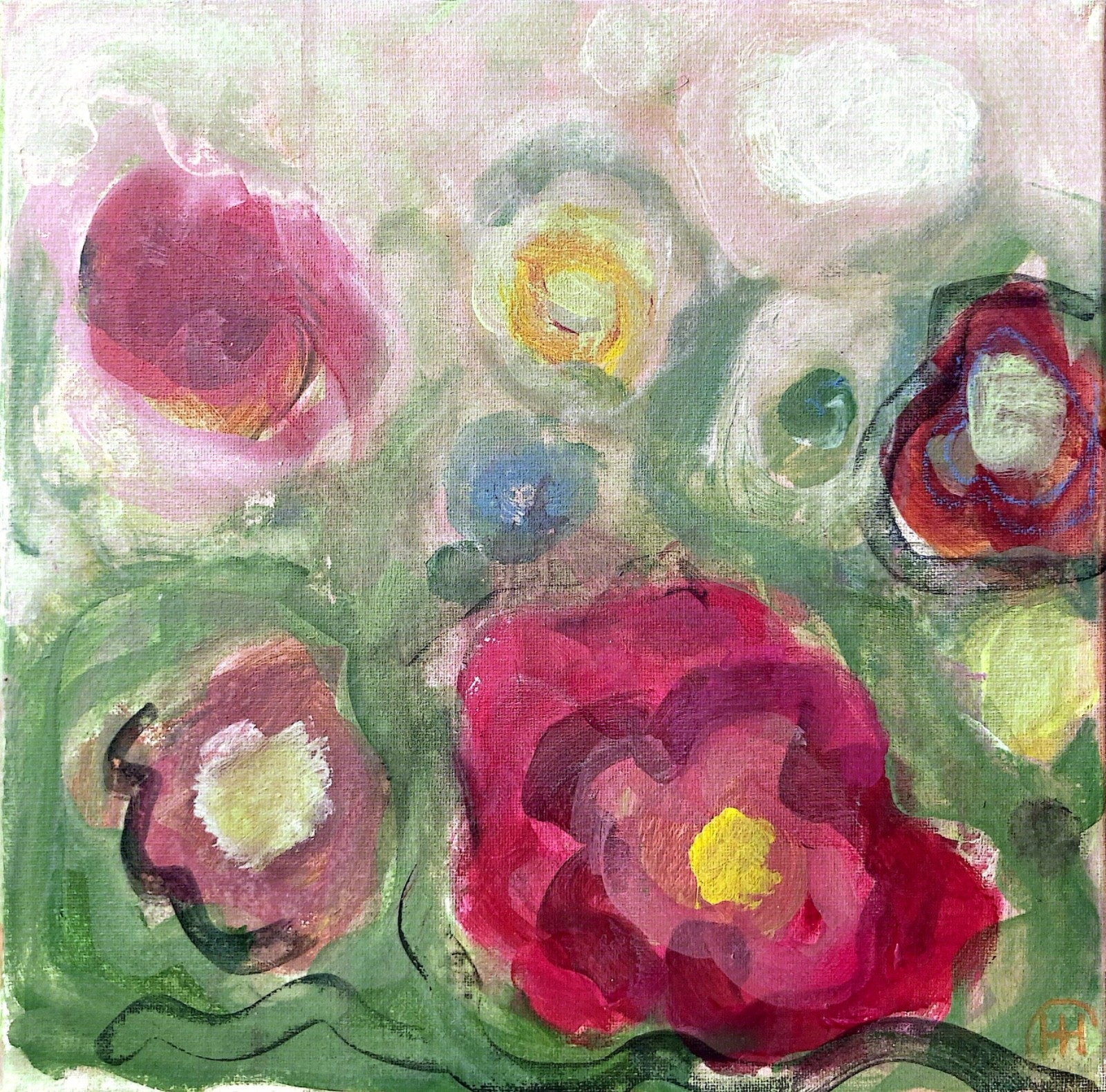 Original Abstract Floral Acrylic 12×12 Canvas Painting, Holly Hammond