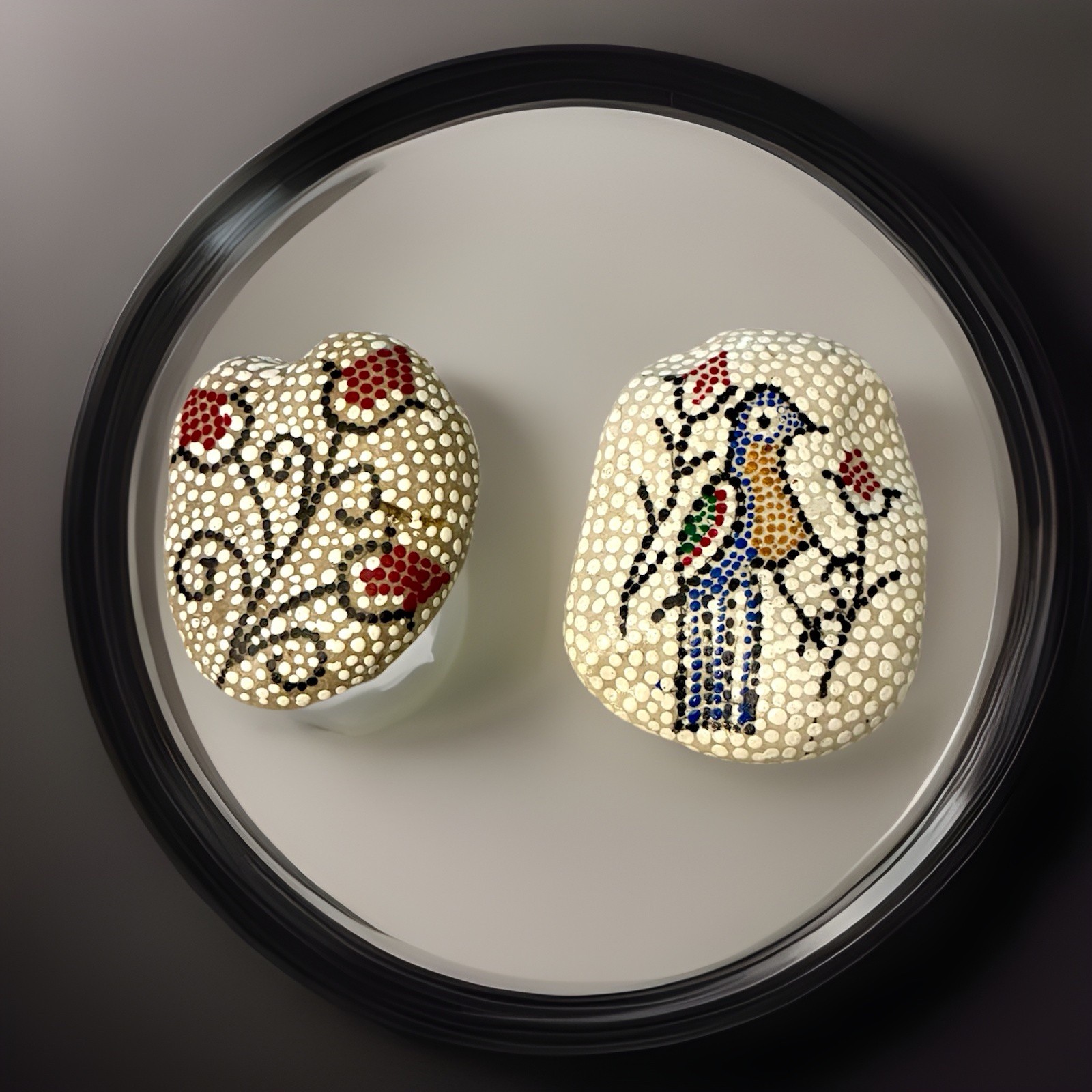 Vtg Artisan Painted Rock | Dot Art 2 Rocks Bird And Flowers Kenya 2000