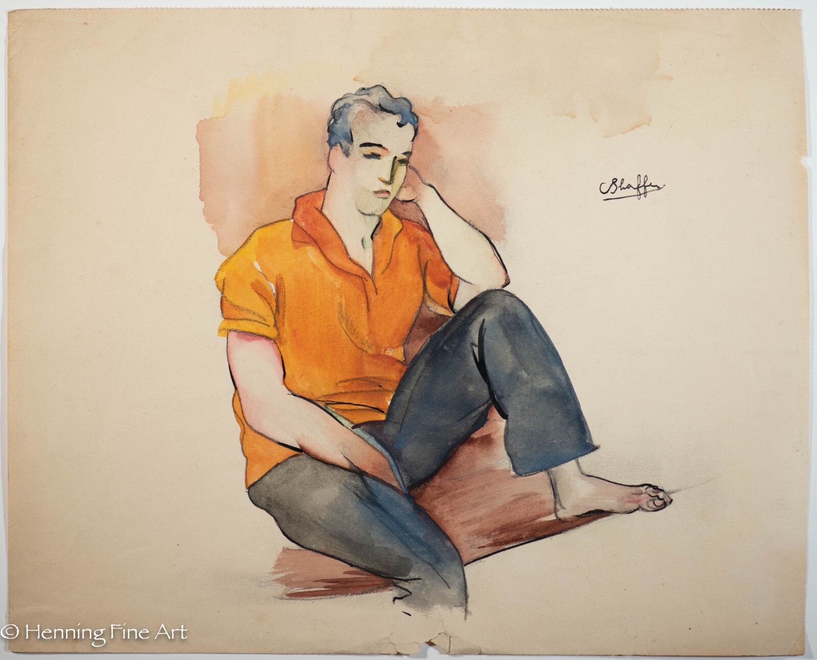 Beautiful Vintage Carl Shaffer Impressionist Painting Man in Orange WPA 30