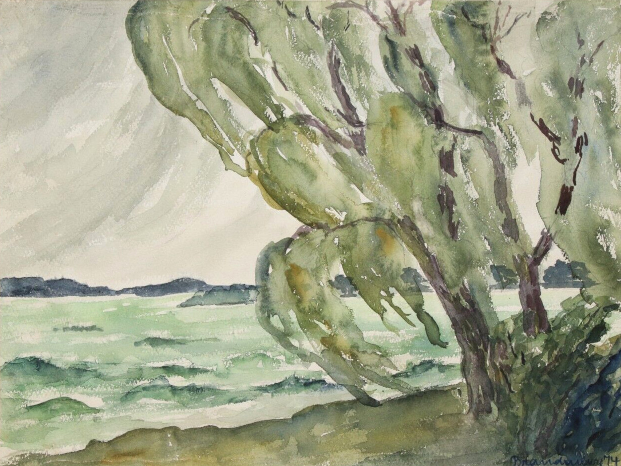 LOLO BRANDENBURG Watercolor GRIEF WILLOWS IN STORM Painting Signed 1974 Watercolor