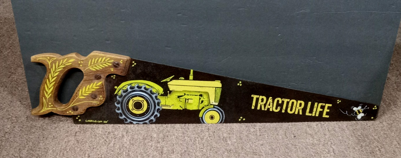 Hand saw painted with farm tractor John Deere, Art Hand Saw- Rustic Wall Decor.