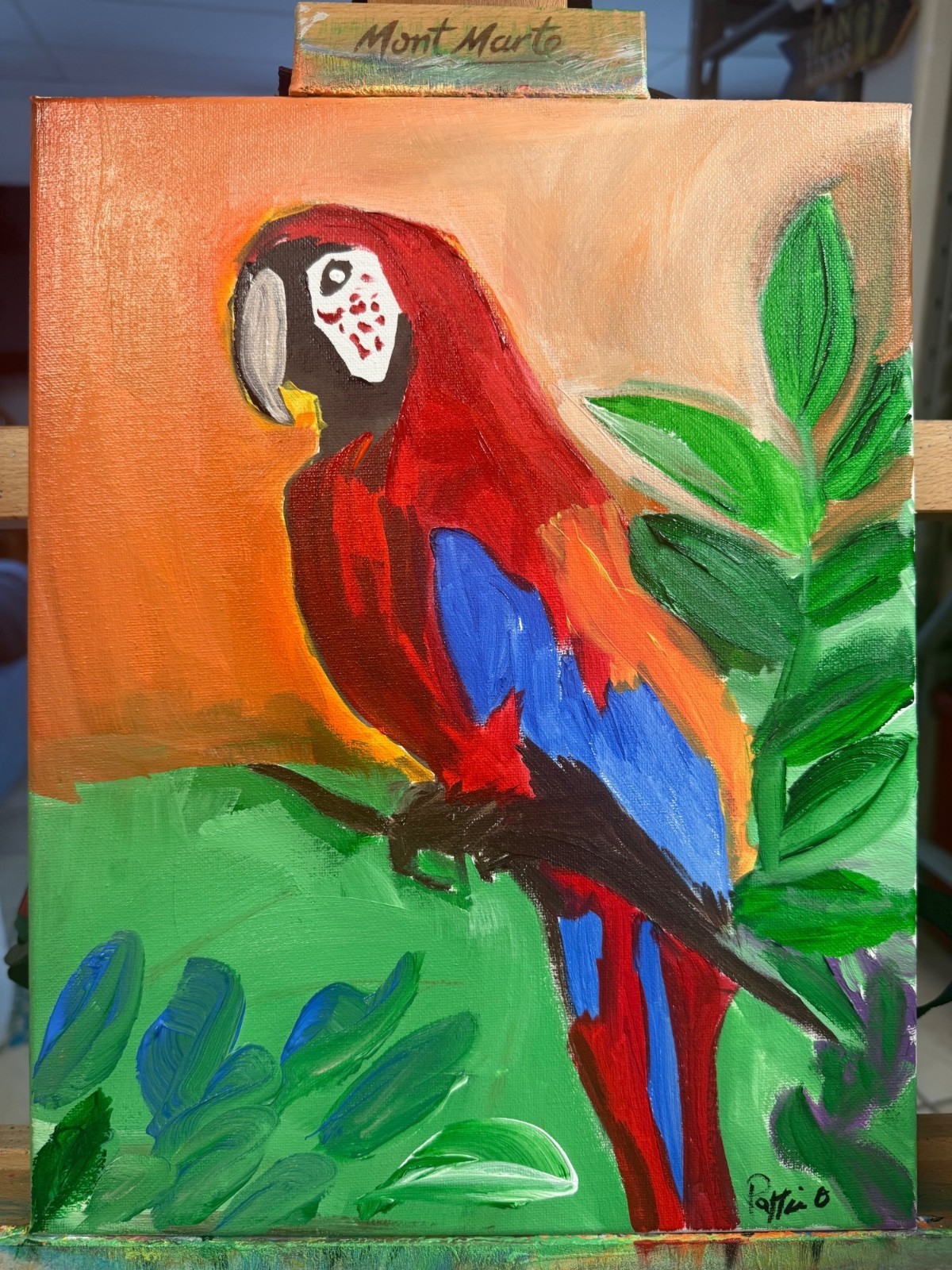 Parrot Folk Painting Original Animal Art 11×14 Acrylic Canvas Home Decor Signed