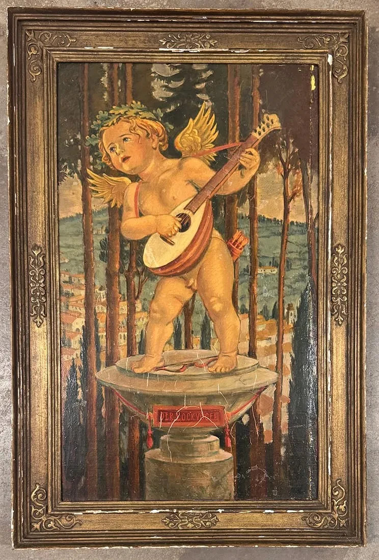 Original oil painting Cupid plays Mandolin ltaly landscape vintage framed signed