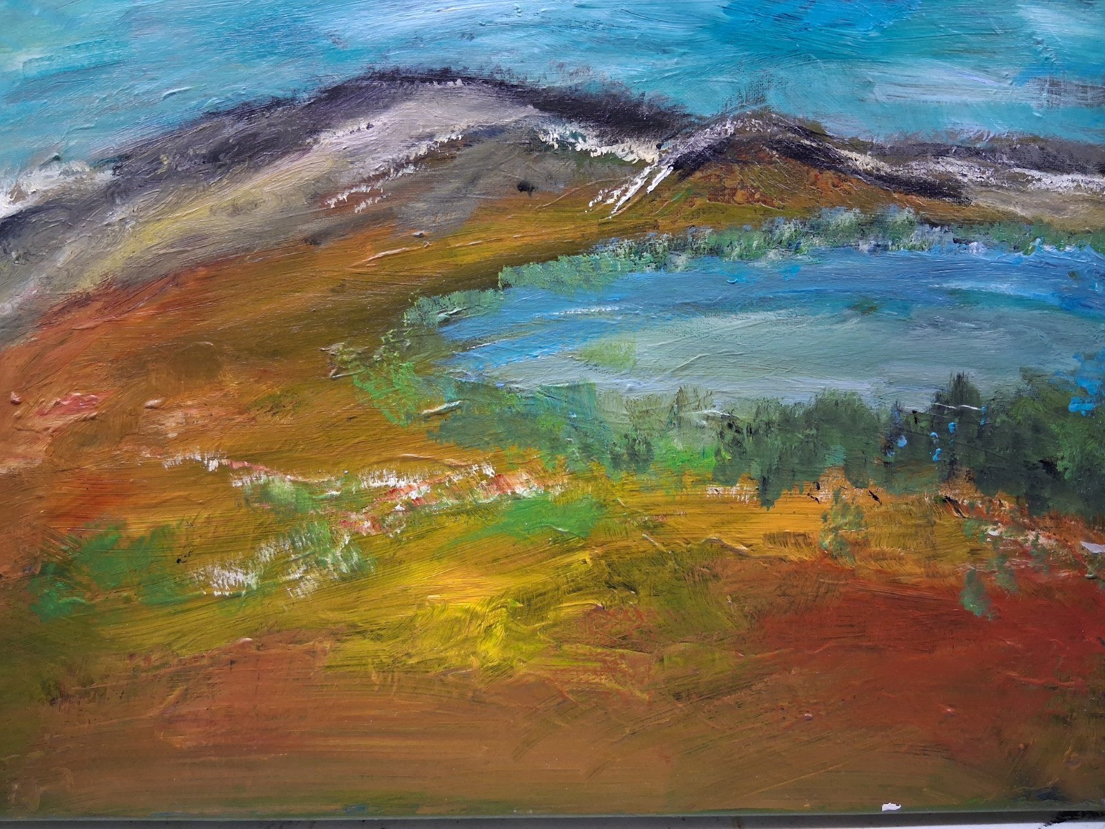 original abstract art acrylic painting on canvas 16″ X 20″ Mountain And Lake