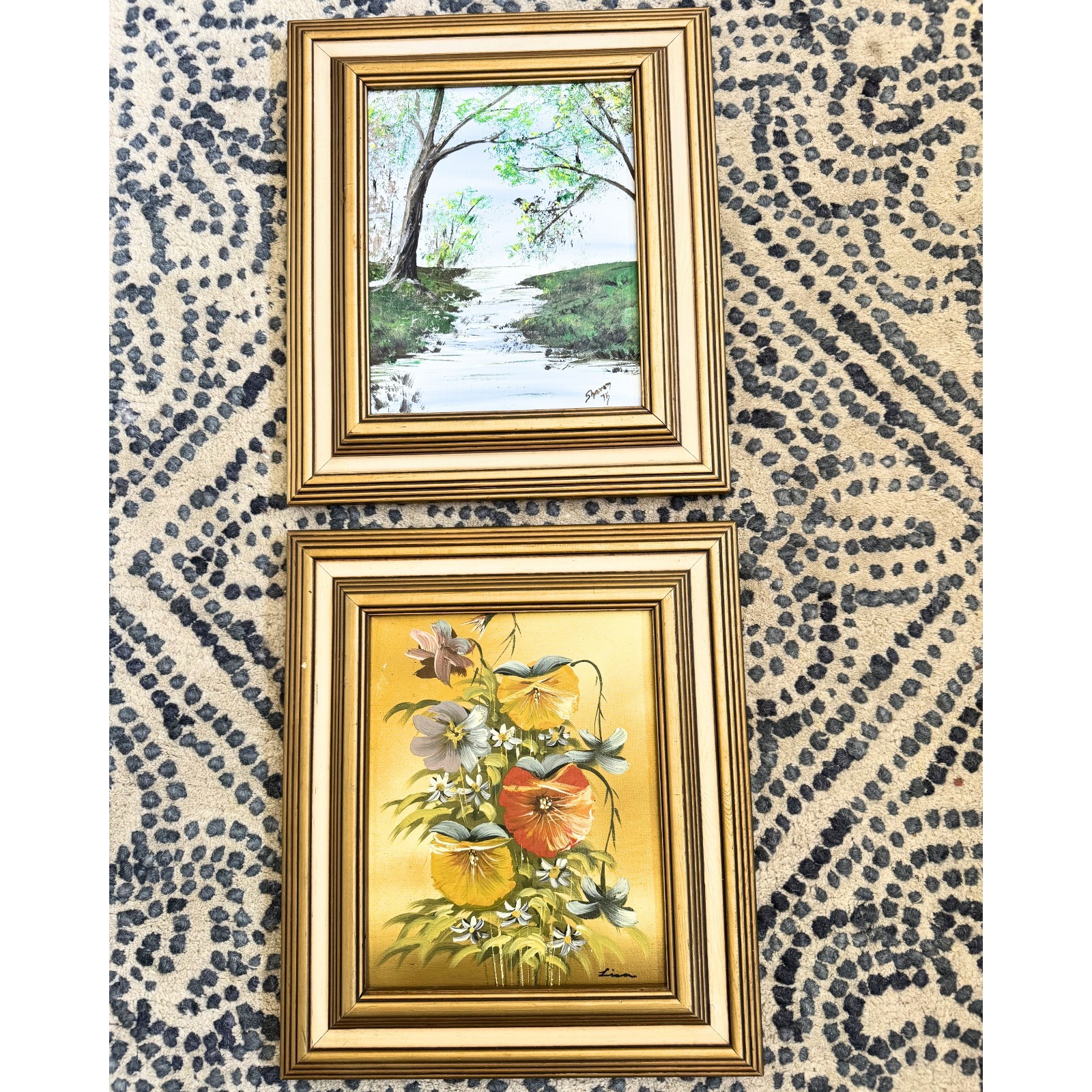 Set 2 Vintage Original Oil Paintings Framed 8×10 Signed Floral Landscape 1975