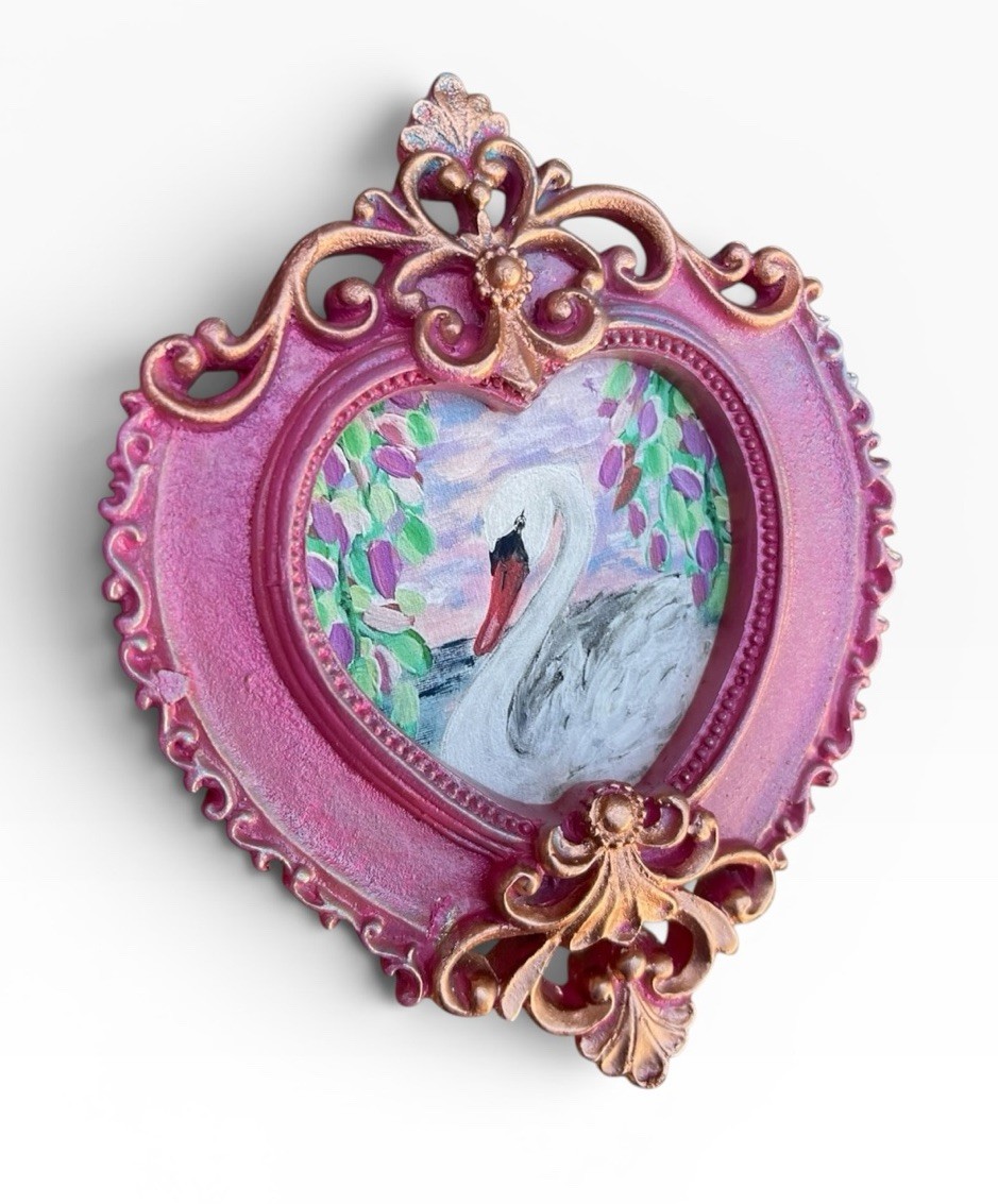 White Swan mini watercolor bird print • heart-shaped vintage style ornate frame