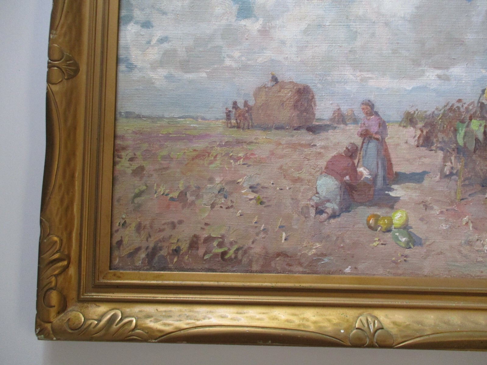 LARGE VINTAGE ANTIQUE IMPRESSIONIST PAINTING LANDSCAPE OLD FARM WORKERS WPA ERA
